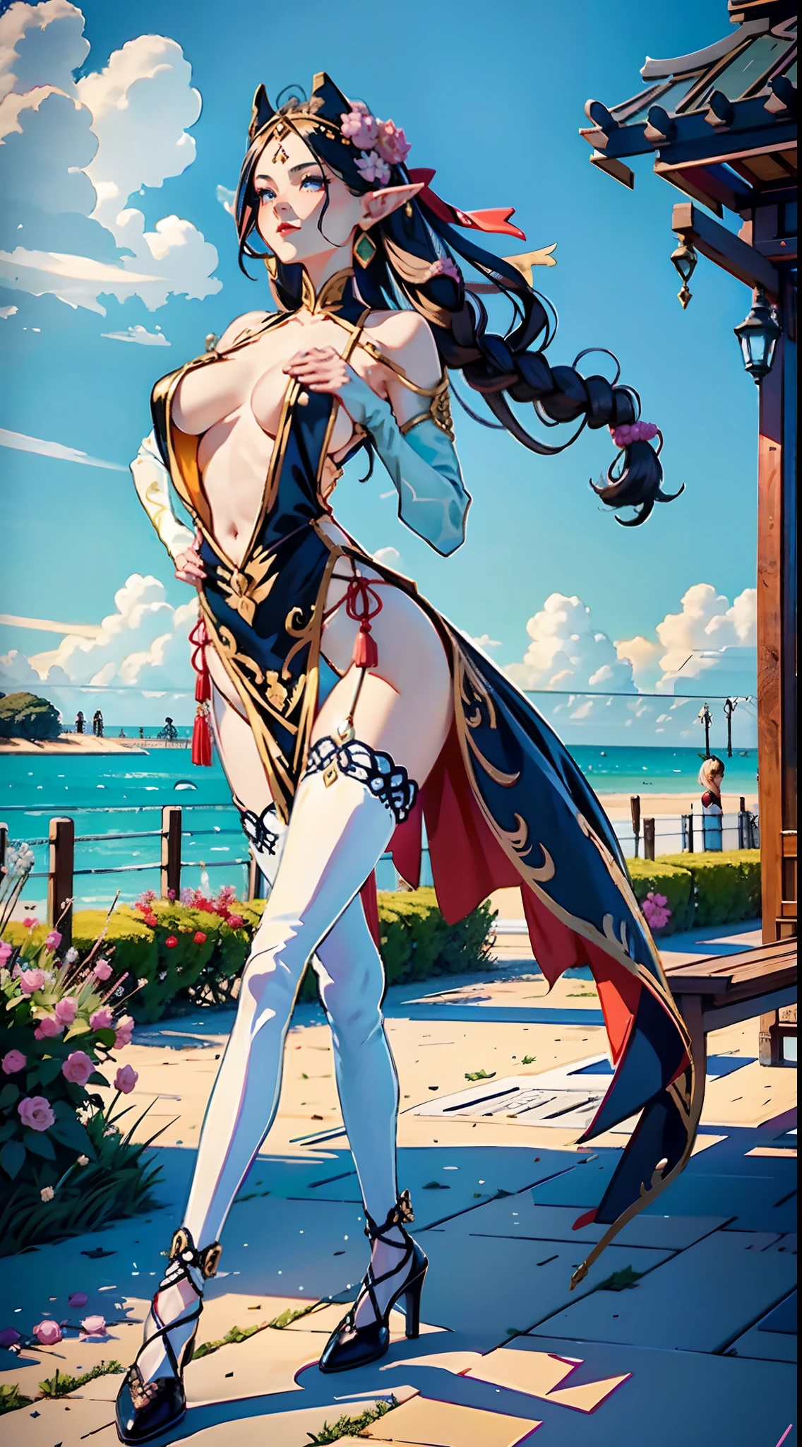 In the illustration of this super-grand scene,We enjoyed a fascinating sight,Various scenarios of the multiverse come together。In this intoxicating exterior,We see a mysterious Circe dancer,(The Circe dancer look incorporates Tiflin、the elf、fairy、Angels and many other magical fantasy races:9.99),ella(The whole body appears in the long-range shot:9.99)Half-dressed,She is graceful,Dance on the water。Her dancing magic keeps her costumes changing,Blend in with the beauty of the surroundings,Adds an unpredictable charm to the whole scene。The dancing of the Circe dancers is intoxicating,Her rainbow cape fluttered behind her like a flying carpet。This cape consists of different styles、colours、Made from small parts of materials and styles,The trailing tail is long and beautiful。Her dancing trajectory is accompanied by the glare effects of neon lights and magical stars,Blend in with your surroundings,Creates a stimulating atmosphere for the senses。Circe dancers have an extra-tall figure and curved curves that explode,Her body features are full of seductive sexiness。Her physical appearance includes::(K-cup size with wide silhouette is oversized and teardrop-shaped chest:9.99)、(Narrowed sternum and waist and abdomen:6.66)、Charming face、(Huge Kaziran colored eyes:99.99)、Makeup、Slender neck、Beauty collarbone、Slender arms、(Graceful hands that are ergonomic and physiologically normal:9.99)、Slender waist and abdomen、Round buttocks and slender long legs,Showcases attractive curves and lines。Use Midjourney's advanced brush tools、Color palettes and texture packs,We are the faces of Circe dancers、skin、Costumes and rainbow capes give intricate textures,While increasing realism(Again add the super-large chest contour and inflate the chest:9.99)And make Jushuo teardrop chest soft elastic oil,She also made her costume and cape blend different materials,Show a variety of styles,From evening dresses to princess dresses to tulle,(Full of creativity and fashion:6.66),It also makes the whole sce