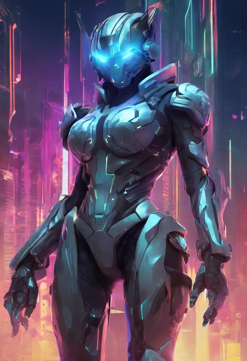 (female Protogen),cyberpunk,mechanical,glowing eyes,metallic surface,digital display,advanced technology,futuristic,neon lights,electromagnetic field,sharp edges,streamlined design,digital organism,biomechanical,mysterious atmosphere,glass visor,enhanced senses,energetic pose,invisible circuits,holographic projections,colorful wires,female cyborg