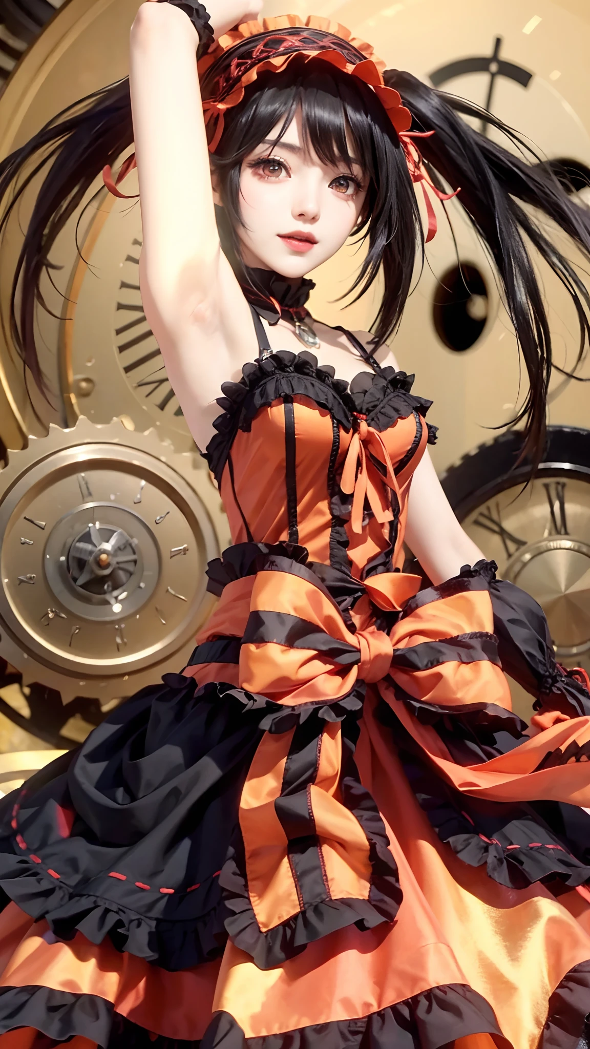 tokisaki kurumi, 1girl, heterochromia, symbol-shaped pupils, black hair, solo, red eyes, yellow eyes, hairband, armpits, long hair, clock eyes, lolita fashion, lolita hairband, twintails, clock, dress, medium breasts, cleavage, breasts, smile, looking at viewer