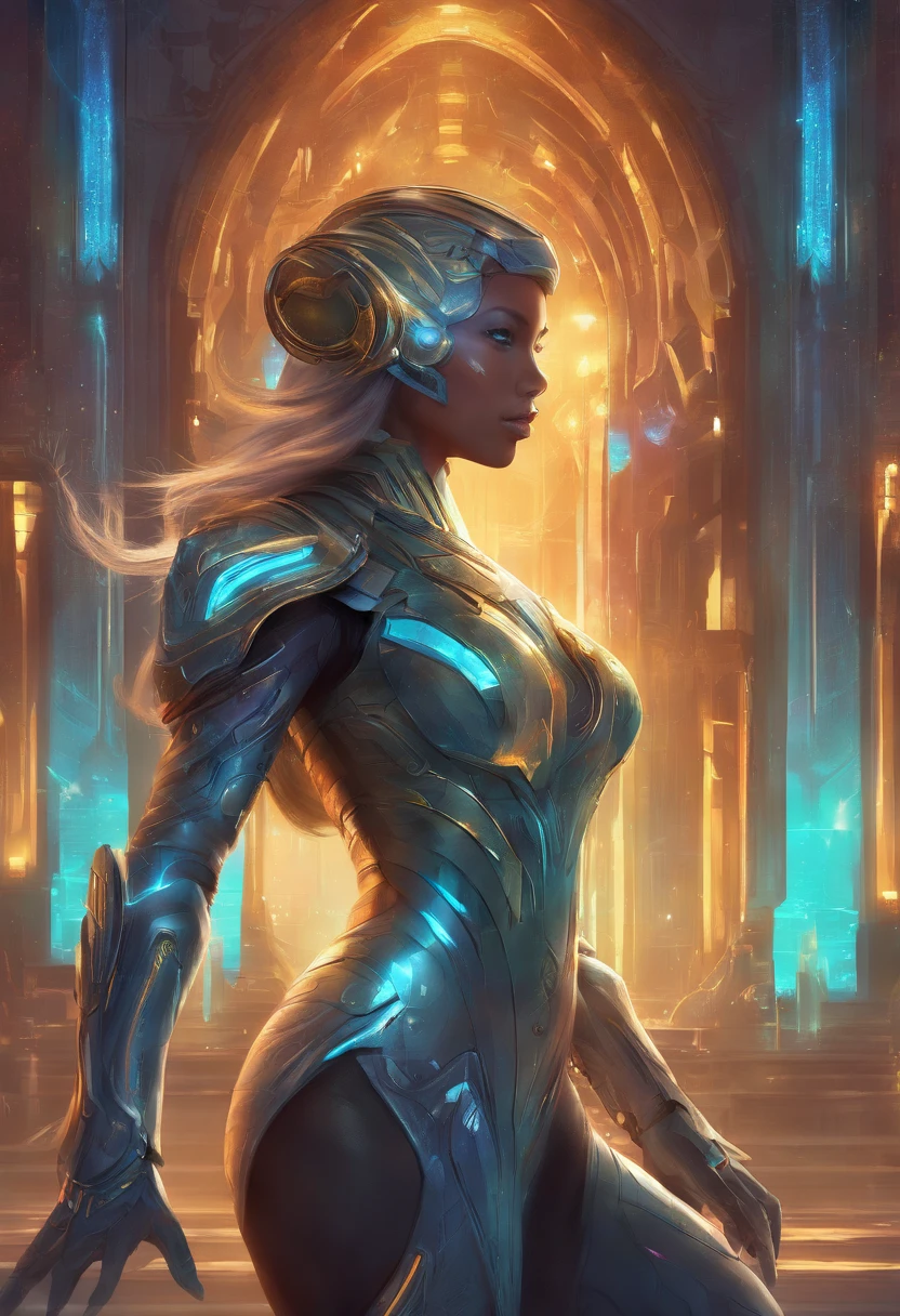(female Protogen),cyberpunk,mechanical,glowing eyes,metallic surface,digital display,advanced technology,futuristic,neon lights,electromagnetic field,sharp edges,streamlined design,digital organism,biomechanical,mysterious atmosphere,glass visor,enhanced senses,energetic pose,invisible circuits,holographic projections,colorful wires,female cyborg