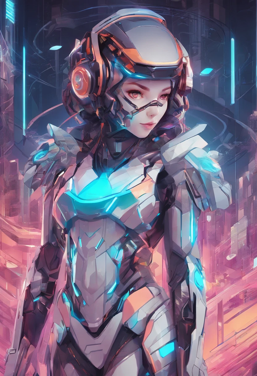(female Protogen),cyberpunk,mechanical,glowing eyes,metallic surface,digital display,advanced technology,futuristic,neon lights,electromagnetic field,sharp edges,streamlined design,digital organism,biomechanical,mysterious atmosphere,glass visor,enhanced senses,energetic pose,invisible circuits,holographic projections,colorful wires,female cyborg
