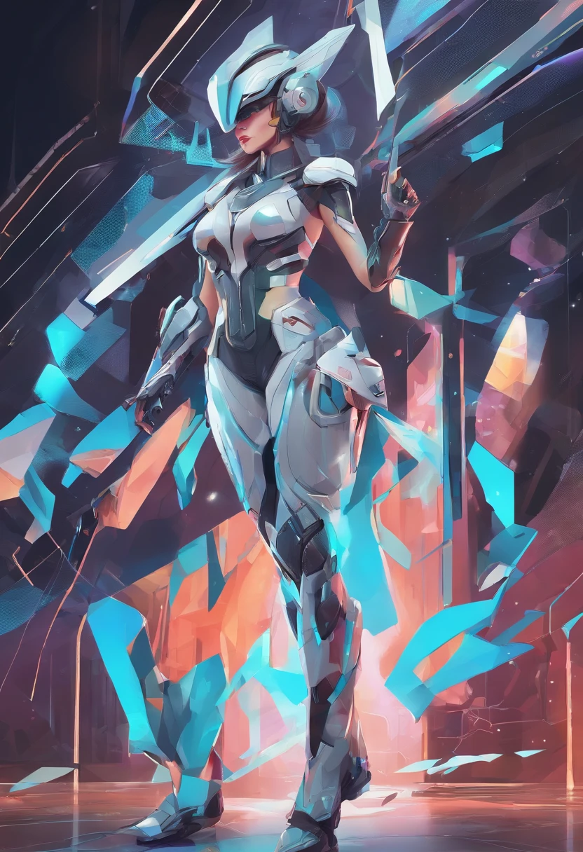 (female Protogen),cyberpunk,mechanical,glowing eyes,metallic surface,digital display,advanced technology,futuristic,neon lights,electromagnetic field,sharp edges,streamlined design,digital organism,biomechanical,mysterious atmosphere,glass visor,enhanced senses,energetic pose,invisible circuits,holographic projections,colorful wires,female cyborg