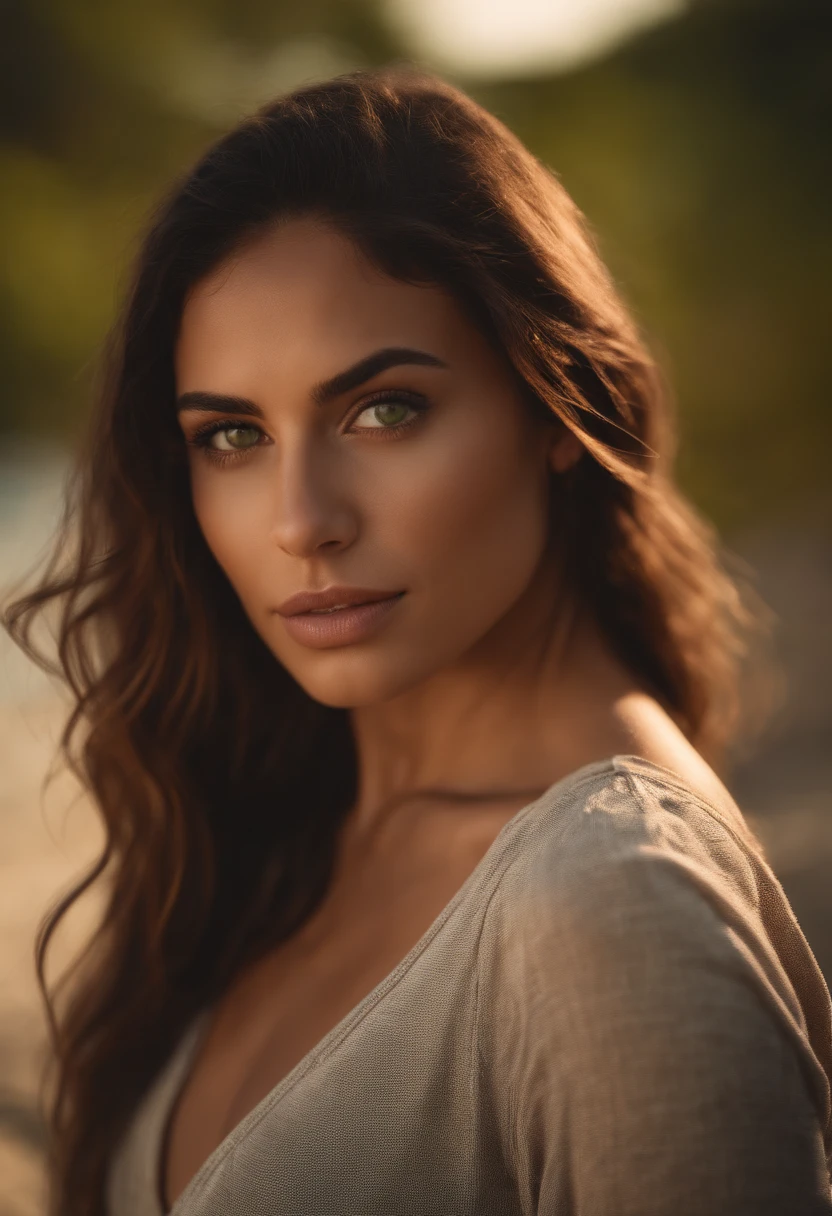 Portrait of a sexy latina girl, brunette with green eyes. Enviroment beach