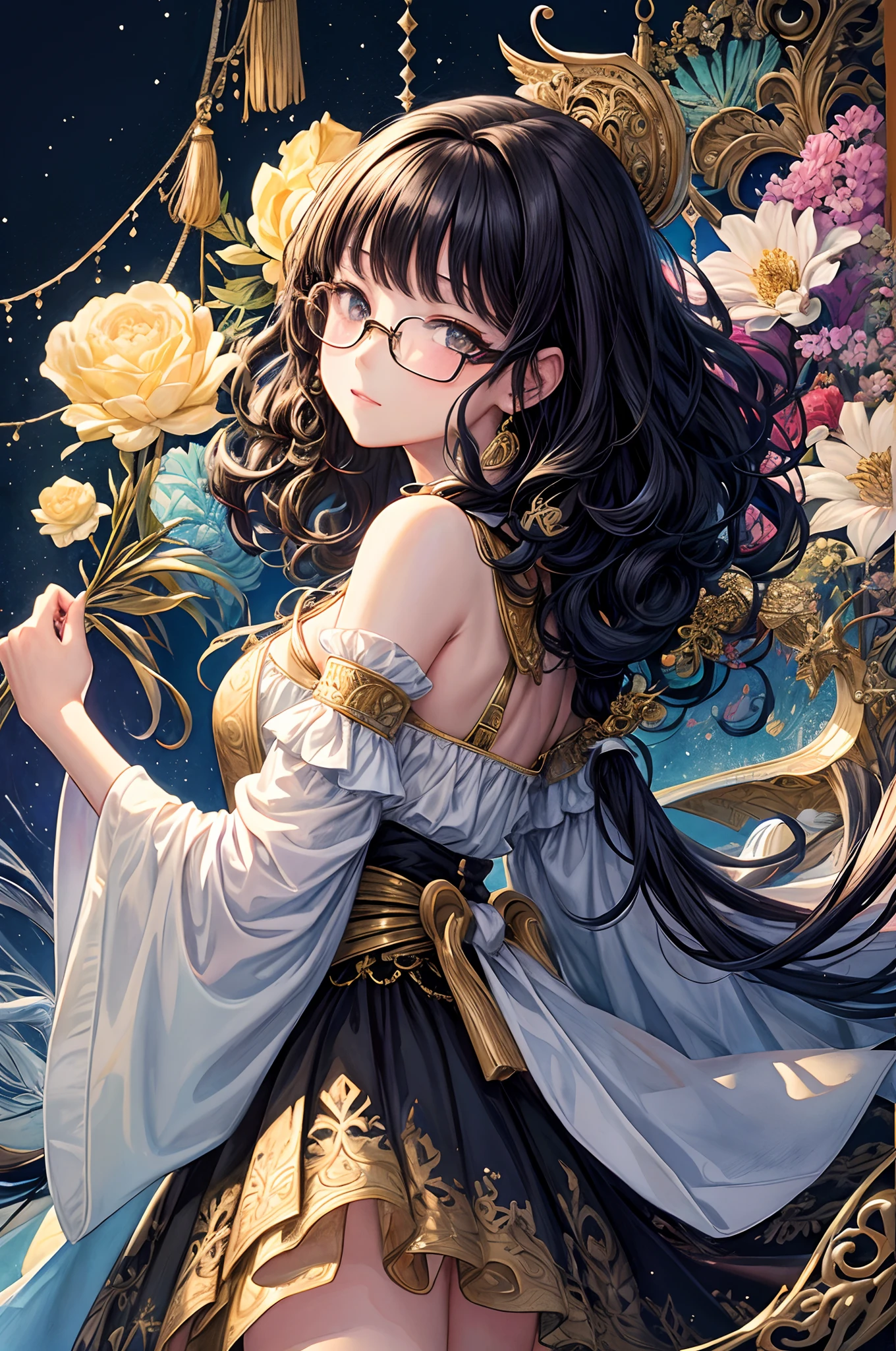 (masterpiece、top-quality、top-quality、watercolor paiting(Curly)、Official art、Beautifully Aesthetic:1.2)、(1girl in:1.3)、(Fractal Art:1.3)、From the upper part of the body side、looking at the viewers、patterns、(eye glass、Bicolor hair、Half gold and half black hair:1.2)、Eau、liquids、clouds、colourfull、starrysky、stele、
