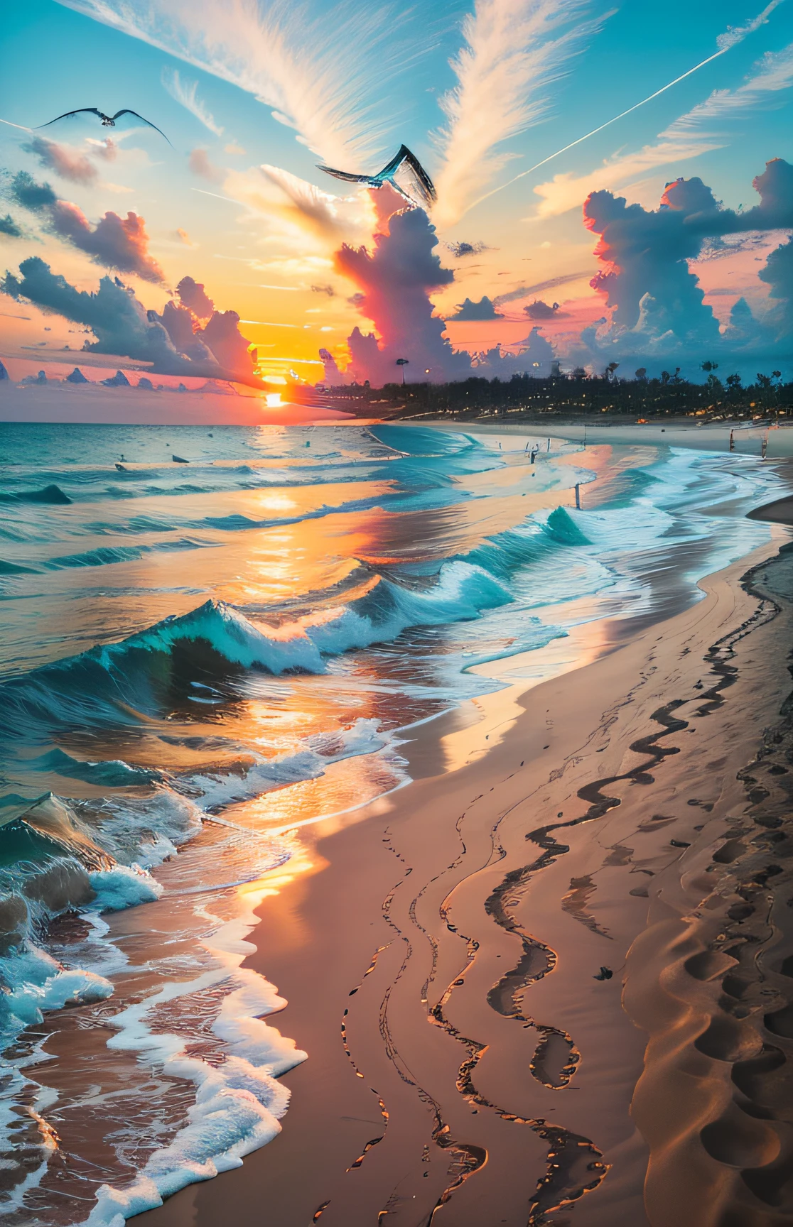 An absolutely mesmerizing sunset on the beach, with a mix of orange, pink, and yellow in the sky. The water is crystal clear, gently kisses the coast, and the white sand is endless. The scene is dynamic and breathtaking, with seagulls soaring high in the sky and palm trees swaying softly. Immerse yourself in the calm atmosphere and let the serenity surround you.