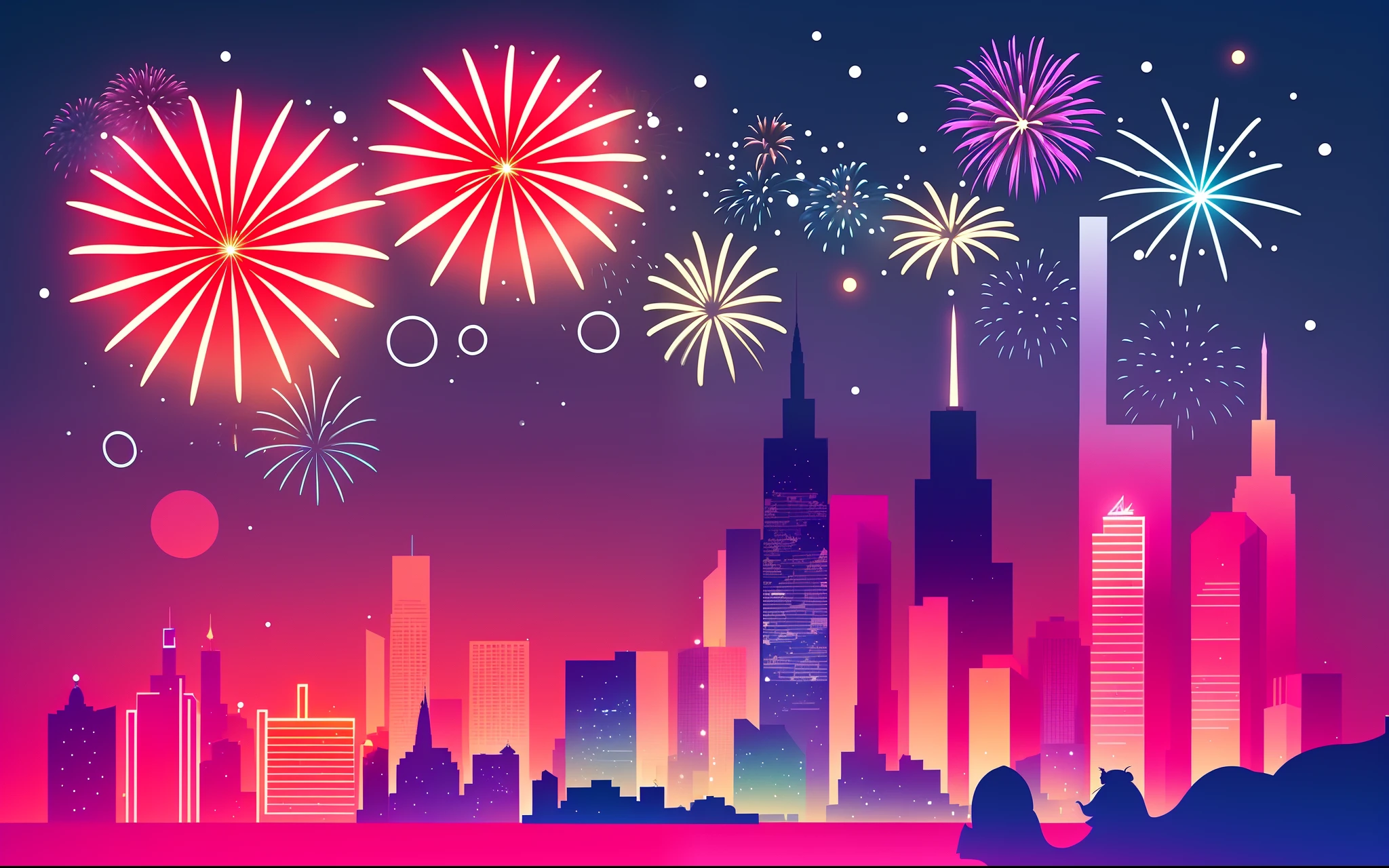 a cartoon of a city skyline with fireworks and a elephant, inspired by James Gilleard, james gilleard artwork, in style of james gilleard, inspired by Emiliano Ponzi, fourth of july, stylized illustration, jen bartel, fireworks in background, stylized digital illustration, fireworks in the background, new years eve, by James Gilleard, fireworks