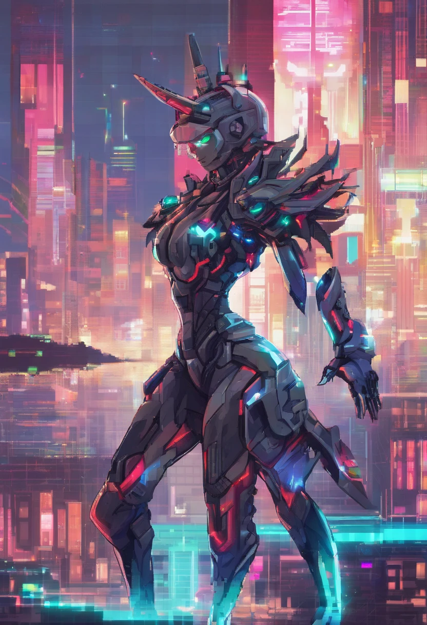 (female Protogen),cyberpunk,mechanical,glowing eyes,metallic surface,digital display,advanced technology,futuristic,neon lights,electromagnetic field,sharp edges,streamlined design,digital organism,biomechanical,mysterious atmosphere,glass visor,enhanced senses,energetic pose,invisible circuits,holographic projections,colorful wires,female cyborg