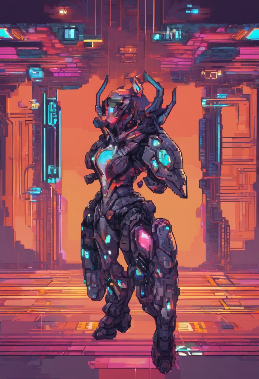 (female Protogen),cyberpunk,mechanical,glowing eyes,metallic surface,digital display,advanced technology,futuristic,neon lights,electromagnetic field,sharp edges,streamlined design,digital organism,biomechanical,mysterious atmosphere,glass visor,enhanced senses,energetic pose,invisible circuits,holographic projections,colorful wires,female cyborg