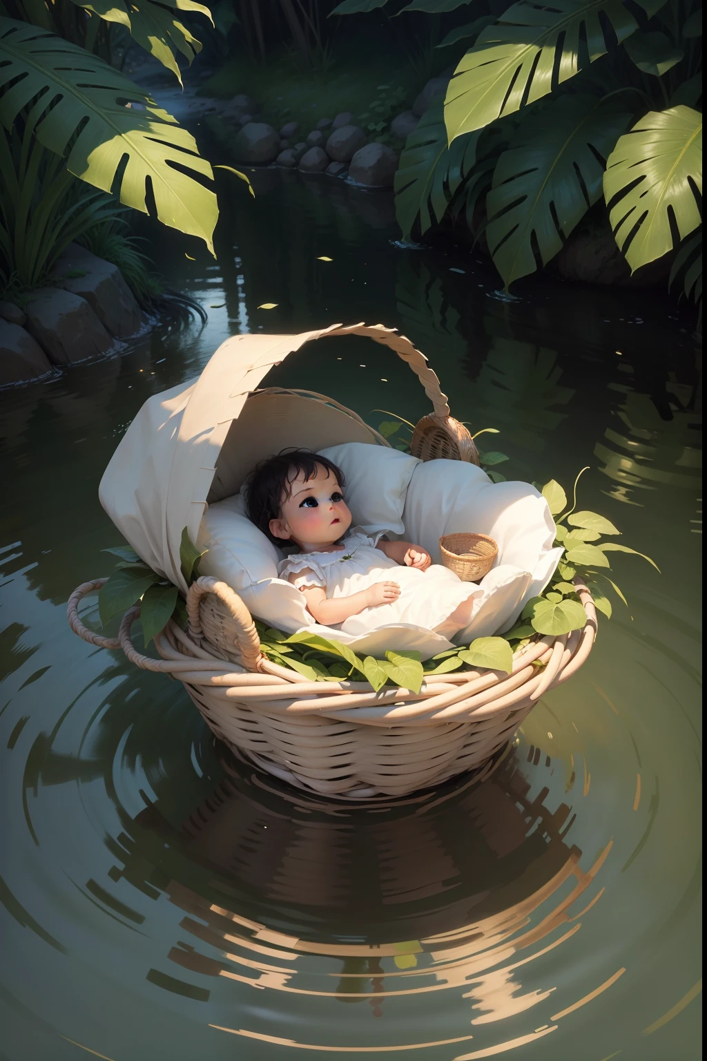 An image of a wicker basket with a floating in the water of the Nile River, with vegetation around.