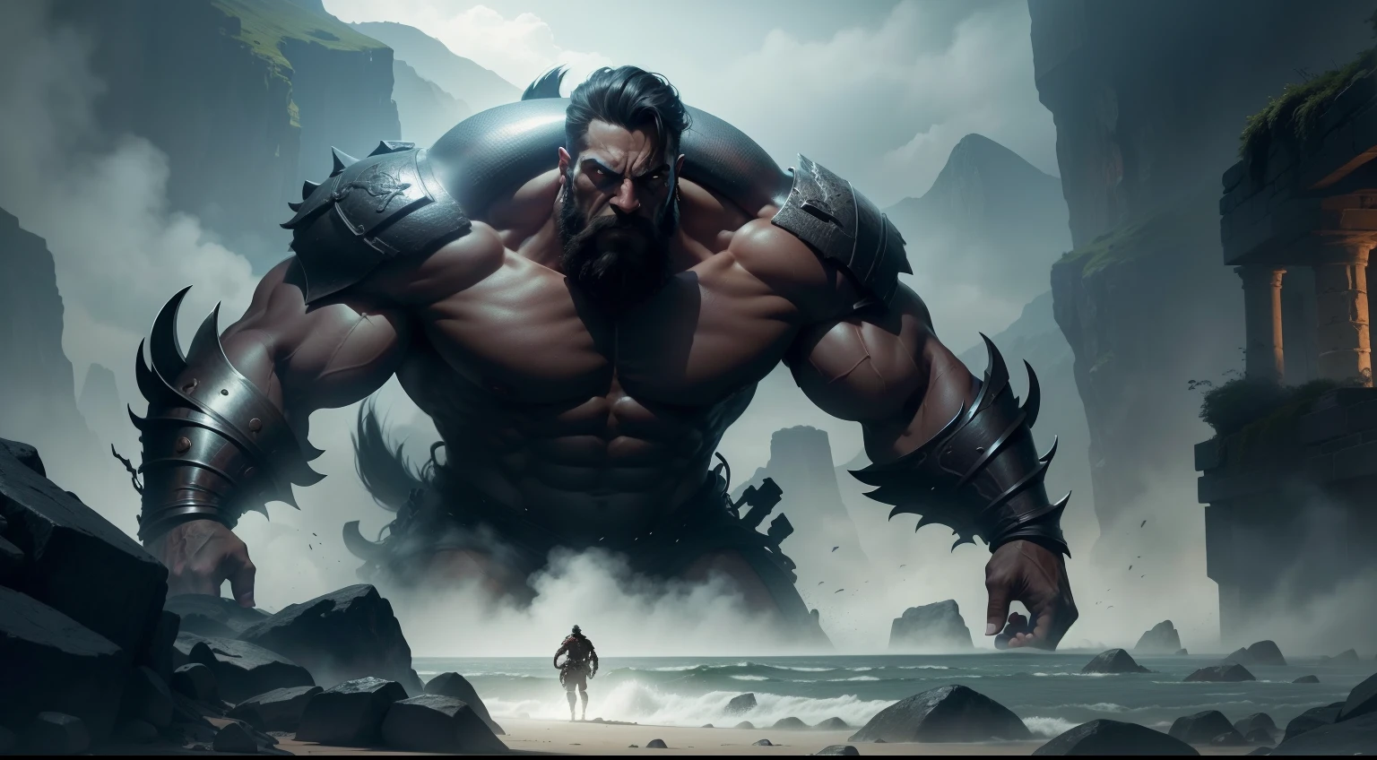 A dramatic confrontation unfolds as Odysseus (Ulisses), the cunning Greek hero, faces off against a fearsome one-eyed giant (Cyclops) in an epic battle. In this high-quality and ultra-detailed image, the scene is set in a perilous landscape, with jagged cliffs and eerie mist shrouding the battlefield. The masterpiece tag (1.2) ensures the image is of the best quality, with stunning resolution, sharp focus, and vivid colors.

The main focus of the image is on Odysseus (Ulisses) and the Cyclops. Odysseus is depicted as a fearless and courageous warrior, his eyes intensely focused on his opponent. His detailed eyes and face convey determination and intelligence. He is dressed in ancient Greek armor, adorned with intricate engravings, accentuating his noble stature. His weapon of choice is a finely crafted spear, gleaming in the light.

The fearsome Cyclops looms over Odysseus, his massive physique accentuated by extreme details. His single eye, captured in intricate detail, radiates with a mix of anger and bloodlust. With immense strength, he wields a colossal club, ready to strike down his opponent. The tag [monstrous] showcases the horrific and awe-inspiring nature of the Cyclops.

In the background, the treacherous landscape adds to the sense of danger and suspense. The rugged cliffs, covered in moss and vines, create a sense of isolation and confinement, trapping Odysseus in this deadly encounter. The mist swirling around adds an eerie atmosphere, intensifying the tension between the two adversaries.

The art style employed in this image is reminiscent of ancient Greek illustrations, combining elements of oil painting and concept art. This unique style further enhances the epic nature of the battle, evoking a sense of awe and grandeur. The inclusion of [dramatic lighting] emphasizes the dynamic nature of the confrontation, with shadows and highlights heightening the intensity of the scene.

As for the color palette, deep and earthy tones dominate the image, reflect