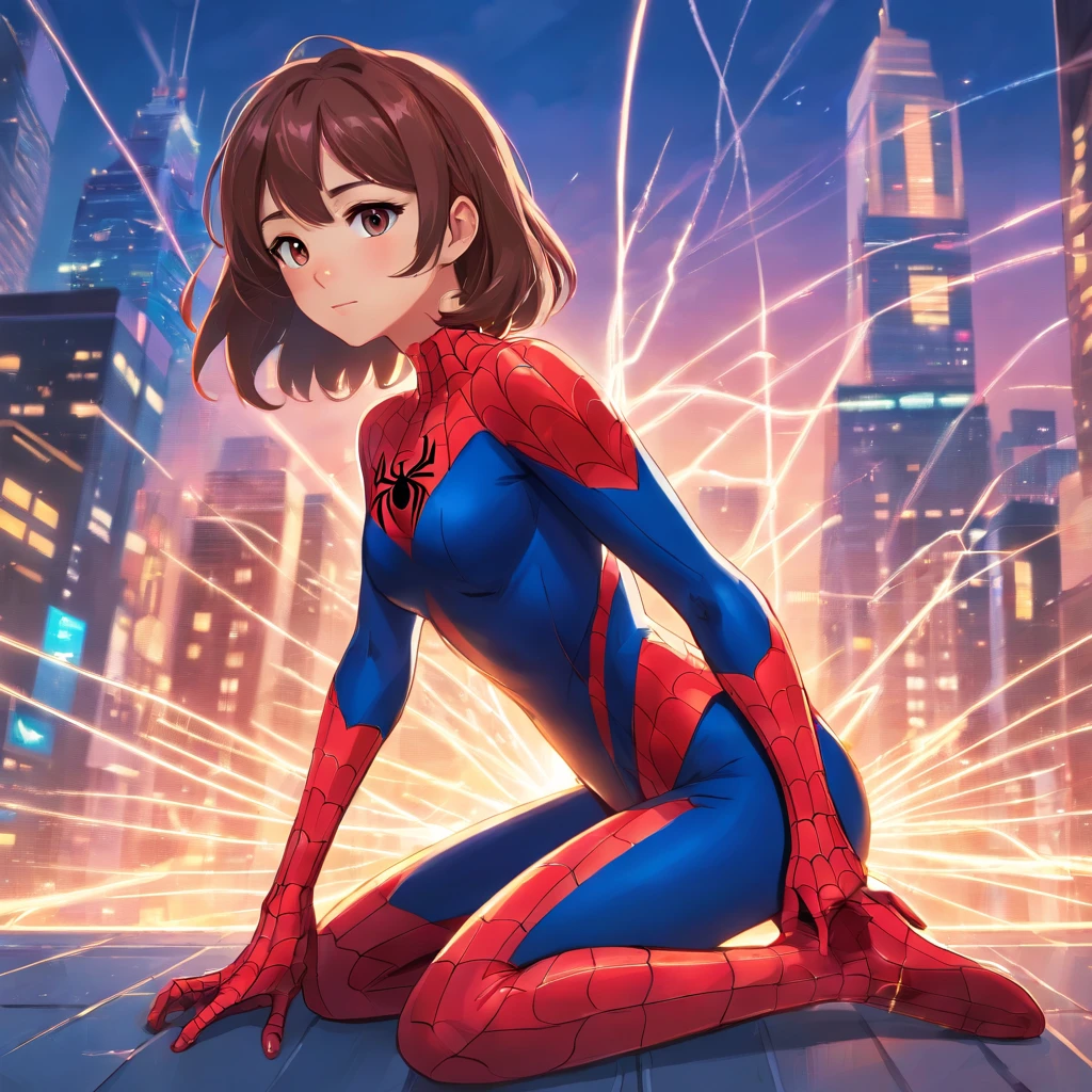masterpiece, top-quality, film still, 1girl in, spider girl, poseing, Spider-Man uniforms, 发光, glad, Soft and warm lighting(sparks: 0,7)