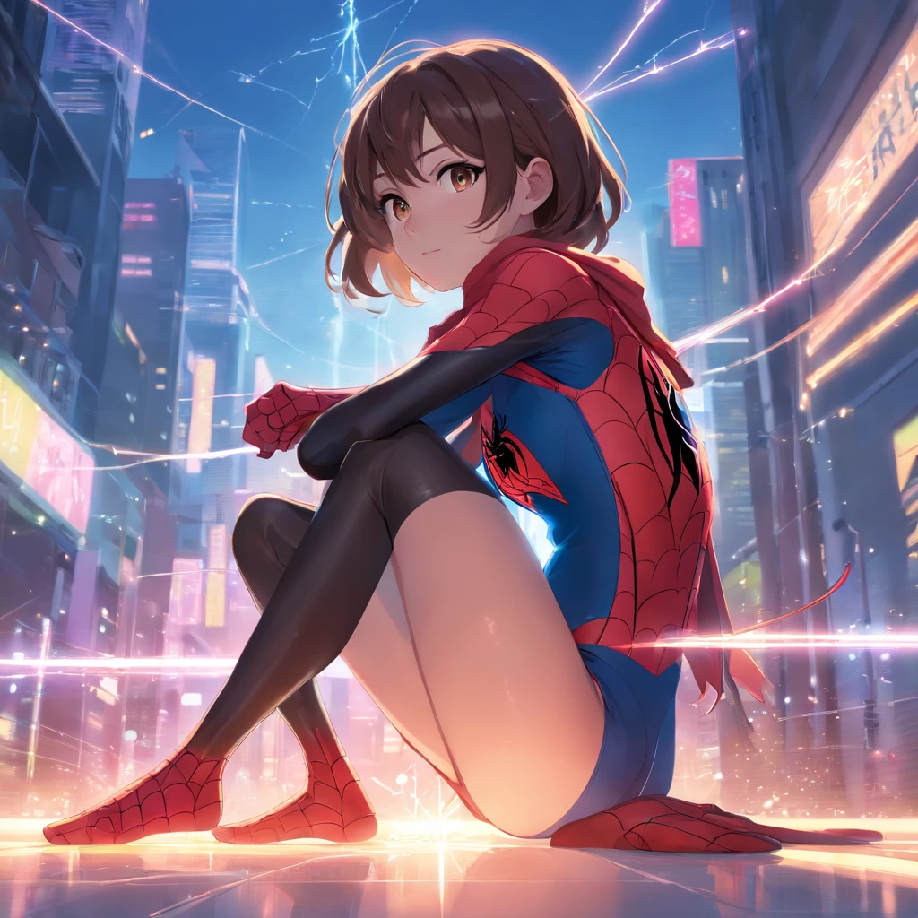 masterpiece, top-quality, film still, 1girl in, spider girl, poseing, Spider-Man uniforms, 发光, glad, Soft and warm lighting(sparks: 0,7)