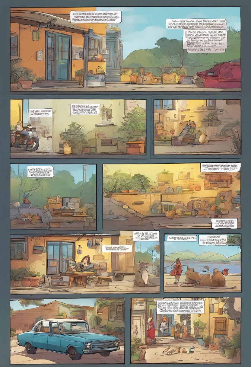 American comics, The comic story is presented in multiple irregular colored panels. American shorthair cats go through hardships when they run away from home，Then reunite with the host. The style is exaggerated and meticulous