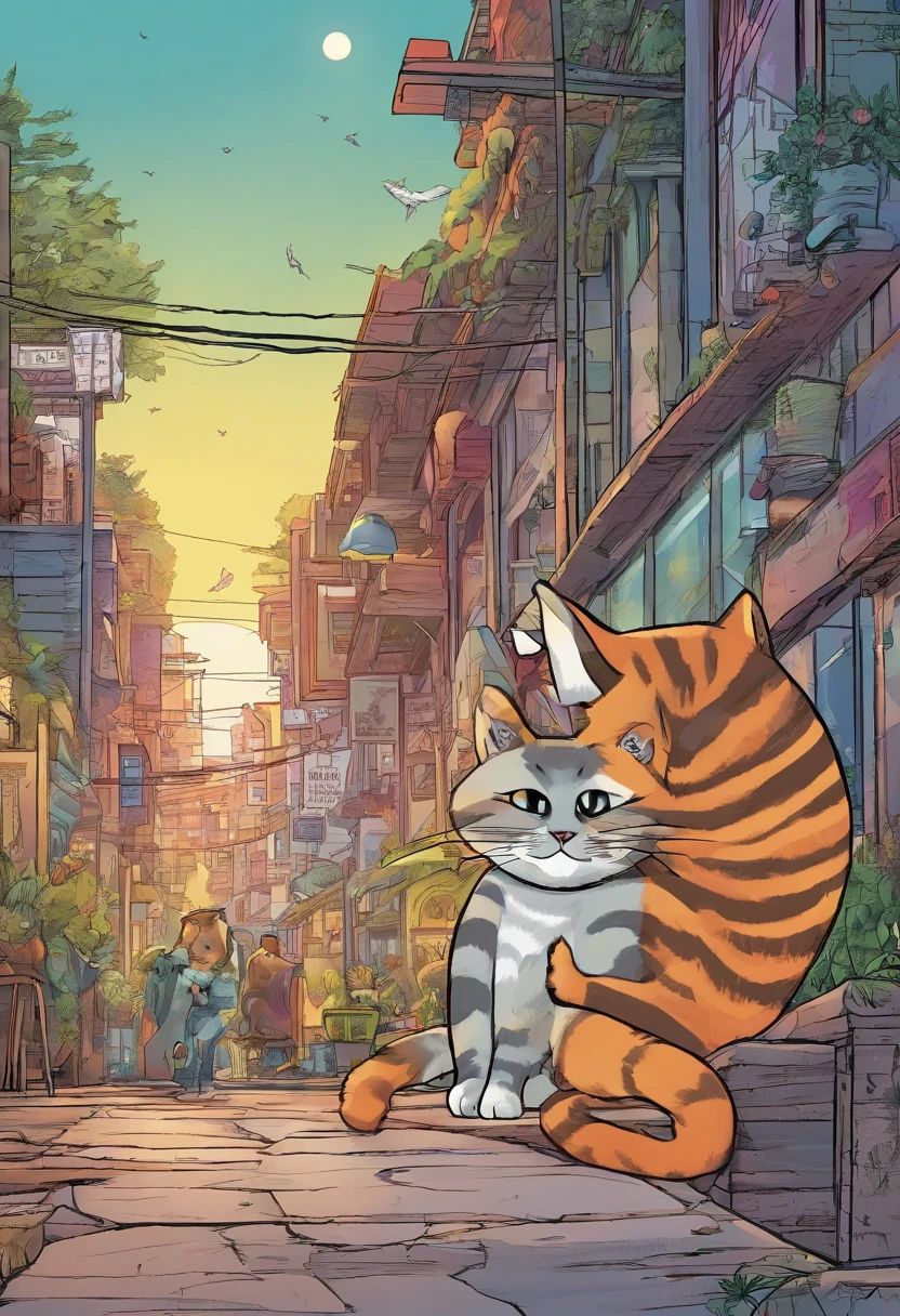 American comics, The comic story is presented in multiple irregular colored panels. American shorthair cats go through hardships when they run away from home，Then reunite with the host. The style is exaggerated and meticulous