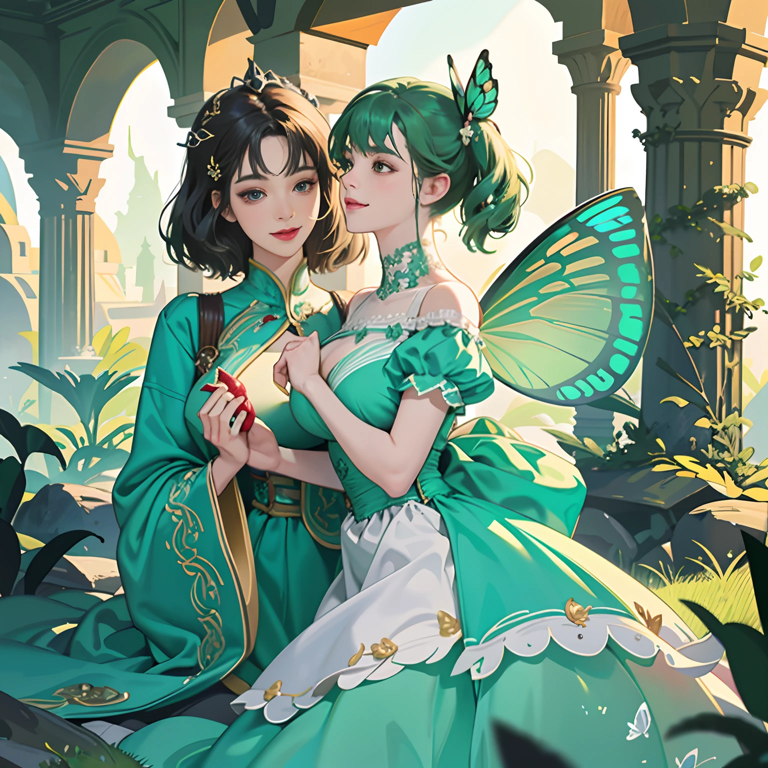 Teenage female, Fantasia、offcial art, unity 8k wall paper, ultra-detailliert, beautifly、Aesthetic, ​masterpiece, top-quality, Photorealsitic、Flower Fairy、Two girls hugging each other、The figure of the girl、Butterfly wings on the back、Green costume、flower  field、Large stone monument、Being on the petals、depth of fields, Fantastic atmosphere, Calm palette, tranquil mood, Soft shading、very large breast、plump figure、