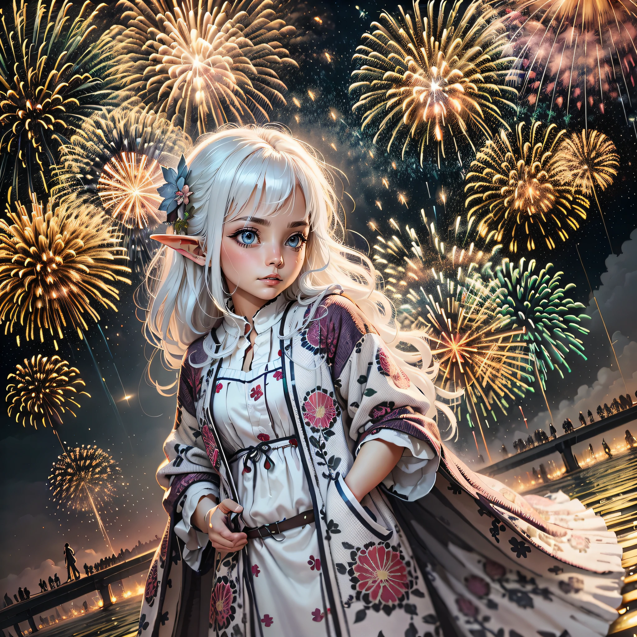 Realistic scenery, ultra - detailed, the night， full-body portraits ,Child elves, White hair,  Blue eyes, White clothes, , Hands in pockets, Fireworks explode in the sky , The fireworks are huge，Spectacular fireworks display.