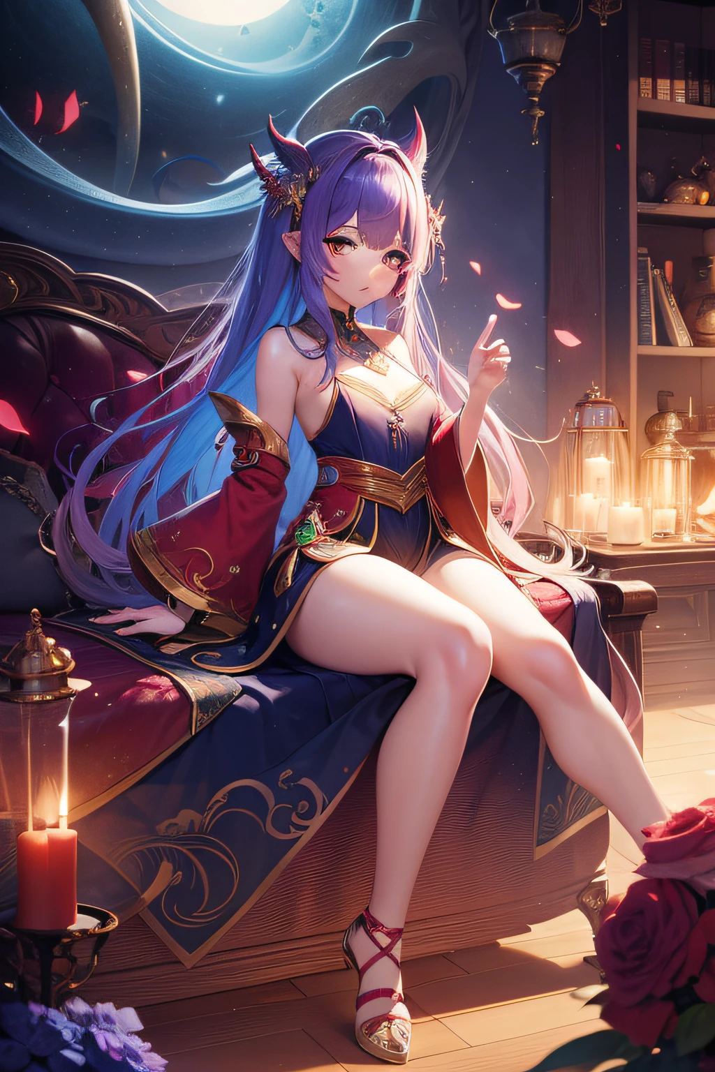((8K, masterpiece, best quality, ultra detailed, photoreal)), HDR, lens flare, particles, chinese gorgeous royal style, A princess on a throne in a palace, (composition close to her), (perfect anatomy), spread legs, lift up skirt, show off panty, tight short cheongsam, kawaii face, ((detailed smooth legs skin, detailed eyes)), detailed hair, large breasts, many large presence accessaries, stiletto heel, tiara, hair ornaments, earrings, bracelets, anklets, trinkets, smoky makeup, eyeshadow, heavy makeup,