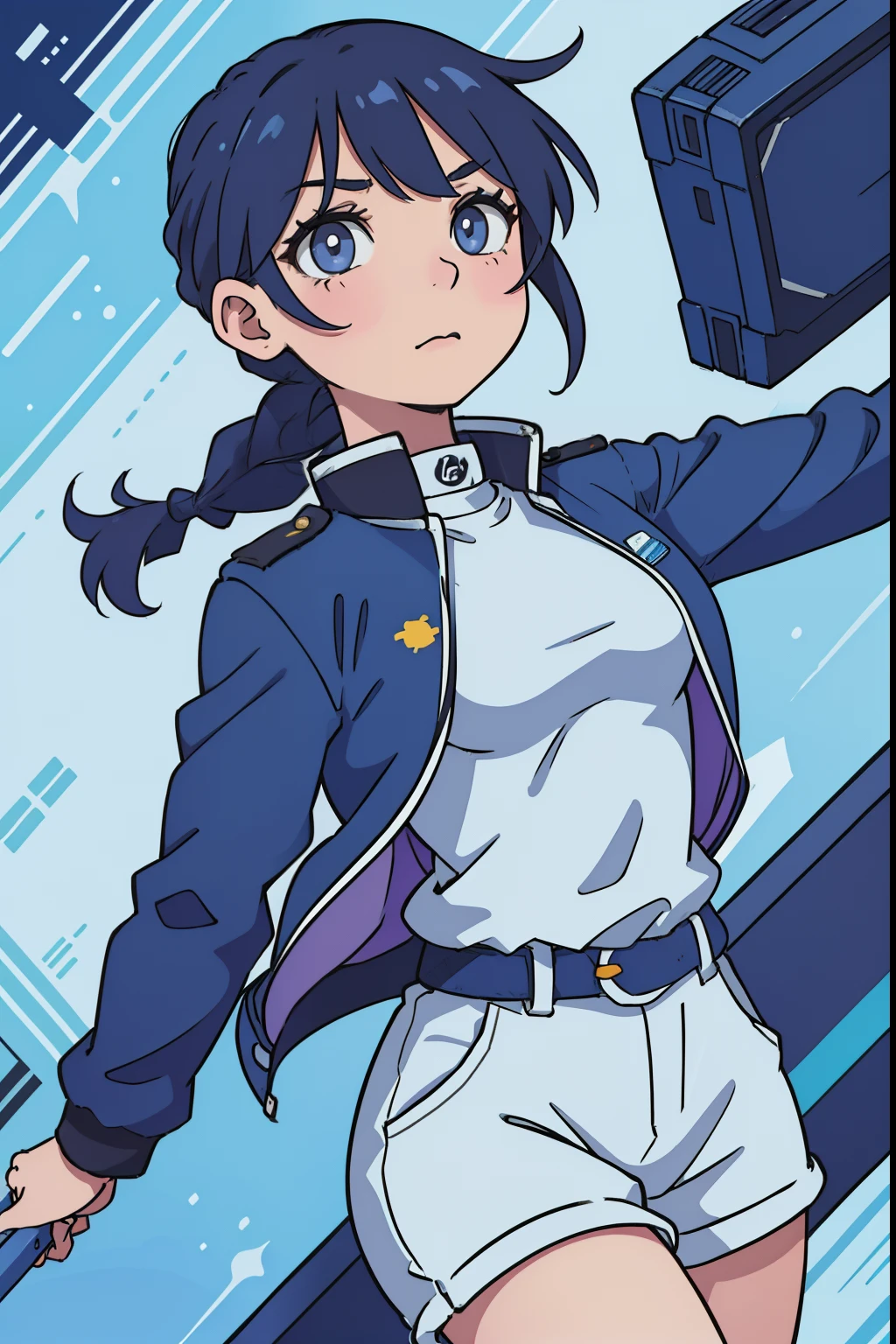 una chica con bigote anime en uniforme y chaqueta azul, pelo rubio con trenzas , ojos azules ,Marin Kitagawa Fanart, protagonista femenina , Cuerpo completo. Greta thumberg, feminista, rubia