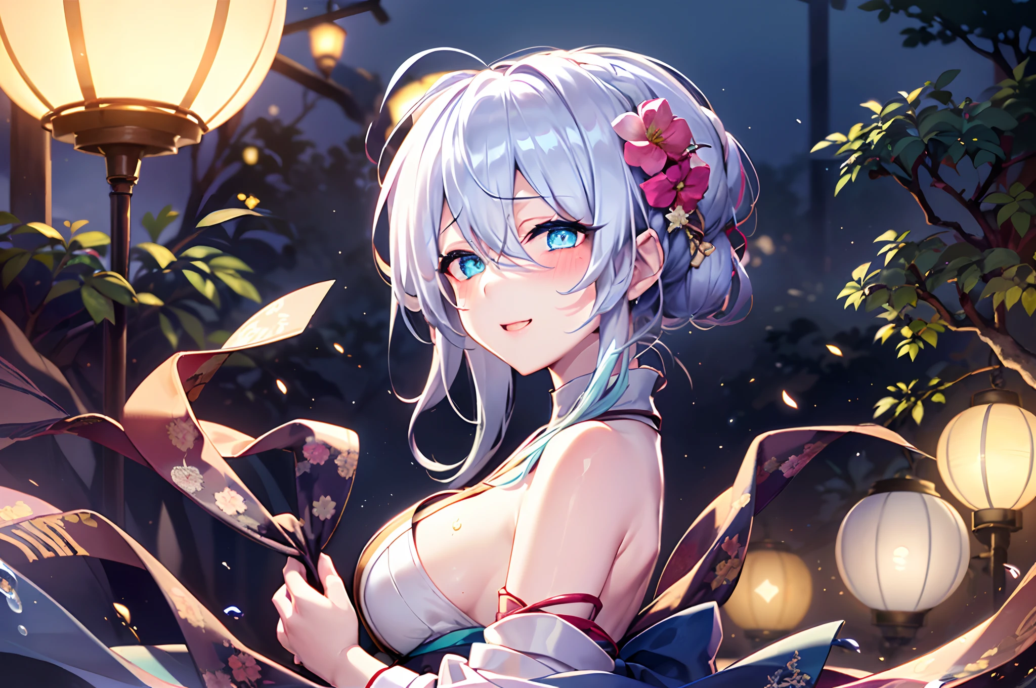 1girl in, breastsout, a moon, paper lanterns, natta, 独奏,, hair adornments, Kimono, Komono, playing in the water, Eau, Hair Flowers, florals, plein air, Skysky, fullmoon, Sateen, A dark-haired, off shoulders, mont, clouds, Hugged, sash, bare shoulders, paper lanterns, is standing, White kimono, nigh sky, sideboob barbosa, Obi, bangss, The tree, From Side, Reflectors, shorth hair, cloudy ash sky, wetting hair (((masterpiece),(the Extremely Detailed CG Unity 8K Wallpapers)、top-quality、电影灯光、细致背景、beatiful detailed eyes、Bright pupils、(extremely delicate and beautiful)、(Beautiful and detailed eyes description)、ultra-detailliert、masterpiece、((lightsmile、(Drunken eyes,コック痴女,red blush))),