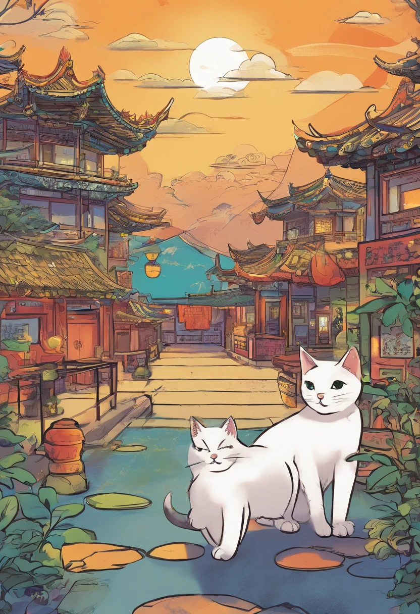 Chinese comics, The comic story is presented in multiple irregular colored panels. Chinese shorthair cats go through hardships when they run away from home，Then reunite with the host. The style is exaggerated and meticulous