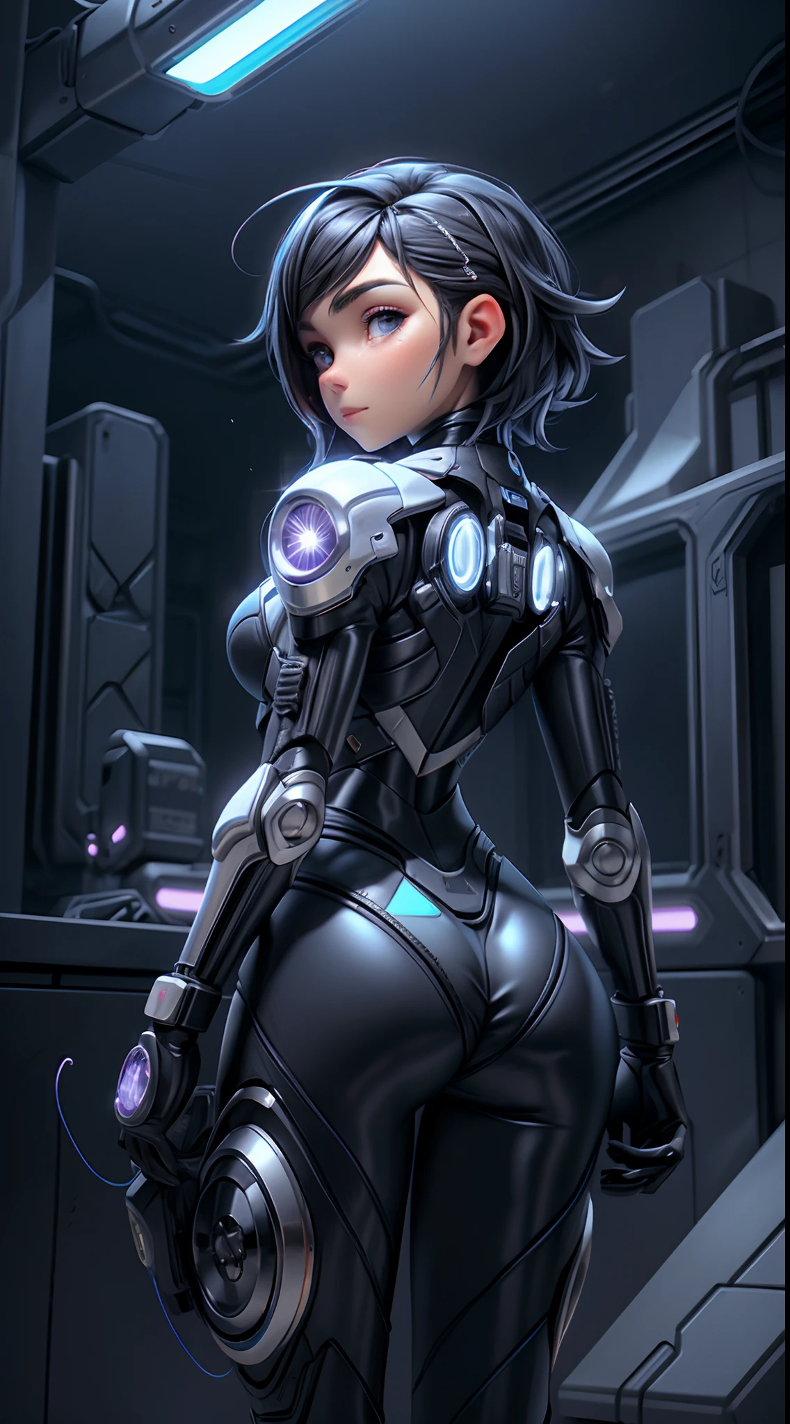 motor irreal:1.4,UHD,La mejor calidad:1.4, fotorrealista:1.4, textura de la piel:1.4, obra maestra:1.8,posing from behind Hermosa mujer,(Protogen hembra),cyberpunk,mechanic,ojos brillantes,metallic surface,Pantalla digital,advanced technology,futuristic,Neon lights,electromagnetic field,bordes afilados,Aerodynamic design,Organismo digital,biomech,Mysterious atmosphere,Visera de vidrio,Sentidos mejorados,energetic pose,Circuitos invisibles,Holographic projections,cables de colores,cyborg hembra,((La mano consiste en un pulgar corto y cuatro dedos,mano con solo cinco dedos,(Cara detallada)))