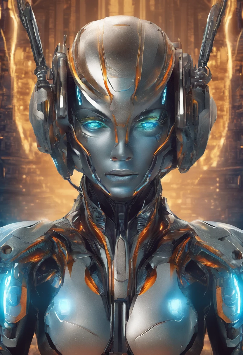 (female Protogen),cyberpunk,mechanical,glowing eyes,metallic surface,digital display,advanced technology,futuristic,neon lights,electromagnetic field,sharp edges,streamlined design,digital organism,biomechanical,mysterious atmosphere,glass visor,enhanced senses,energetic pose,invisible circuits,holographic projections,colorful wires,female cyborg
