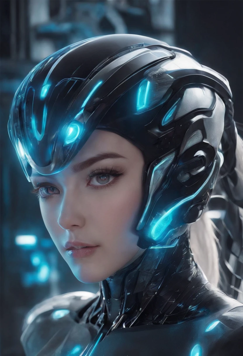 (female Protogen),cyberpunk,mechanical,glowing eyes,metallic surface,digital display,advanced technology,futuristic,neon lights,electromagnetic field,sharp edges,streamlined design,digital organism,biomechanical,mysterious atmosphere,glass visor,enhanced senses,energetic pose,invisible circuits,holographic projections,colorful wires,female cyborg