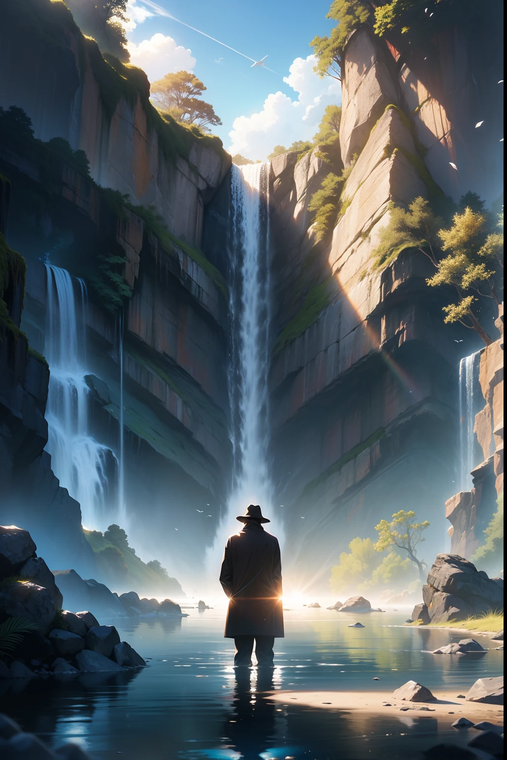 Shadow man, distant, under a waterfall, rocks around the waterfall, reflections of the sun ,((work of art)), ((image from afar)), ((expansive image)). 4K, ((high quality))