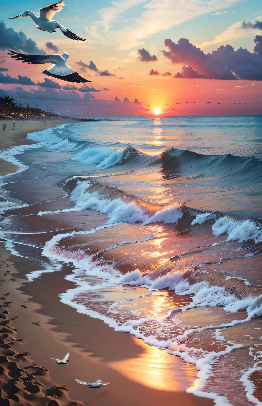 An absolutely mesmerizing sunset on the beach, with a mix of orange, pink, and yellow in the sky. The water is crystal clear, gently kisses the coast, and the white sand is endless. The scene is dynamic and breathtaking, with seagulls soaring high in the sky and palm trees swaying softly. Immerse yourself in the calm atmosphere and let the serenity surround you.
