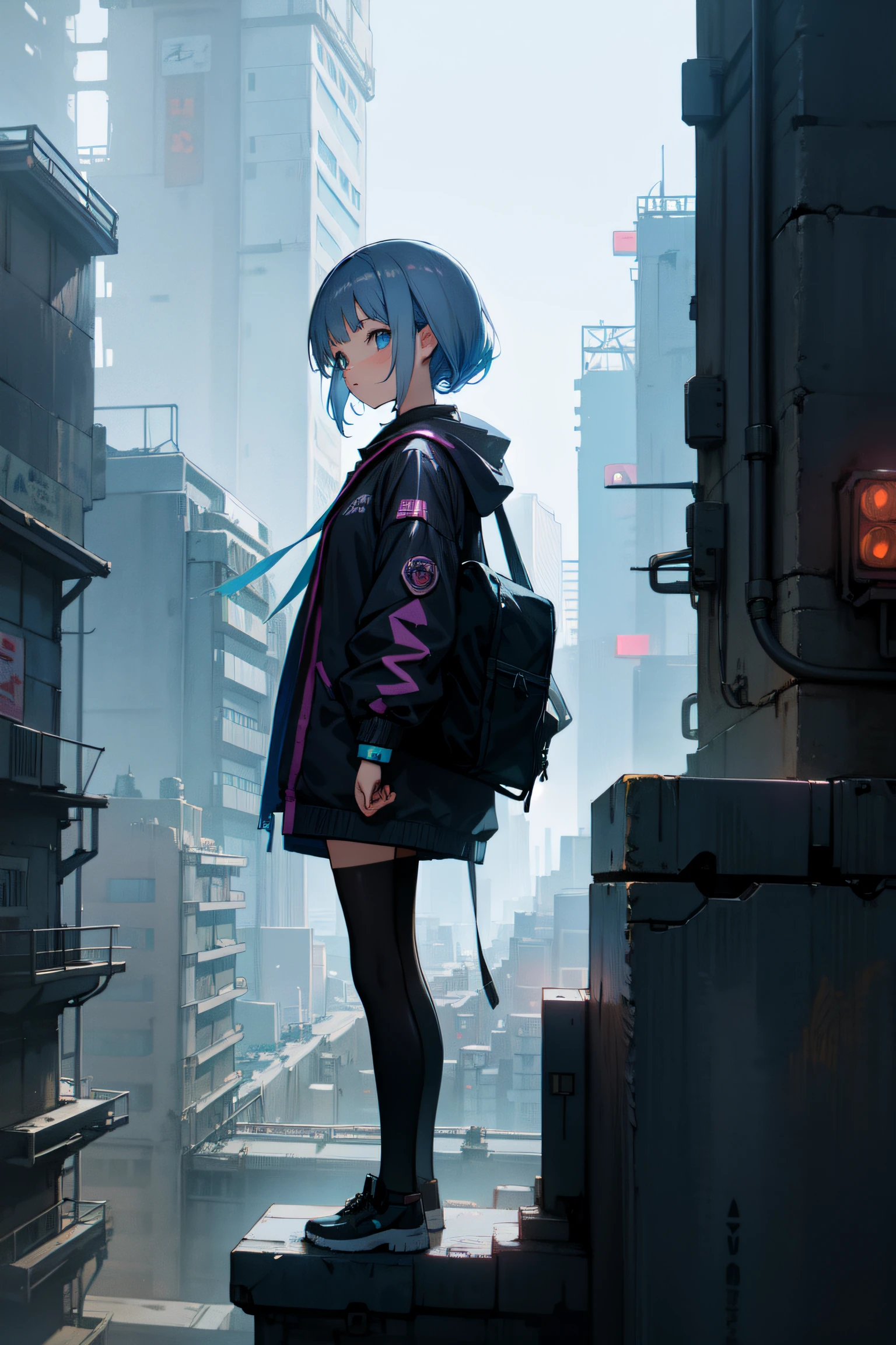 Cute anime girl in cyberpunk city,Set against a multi-level cityscape, looking at viewert,pack with detail