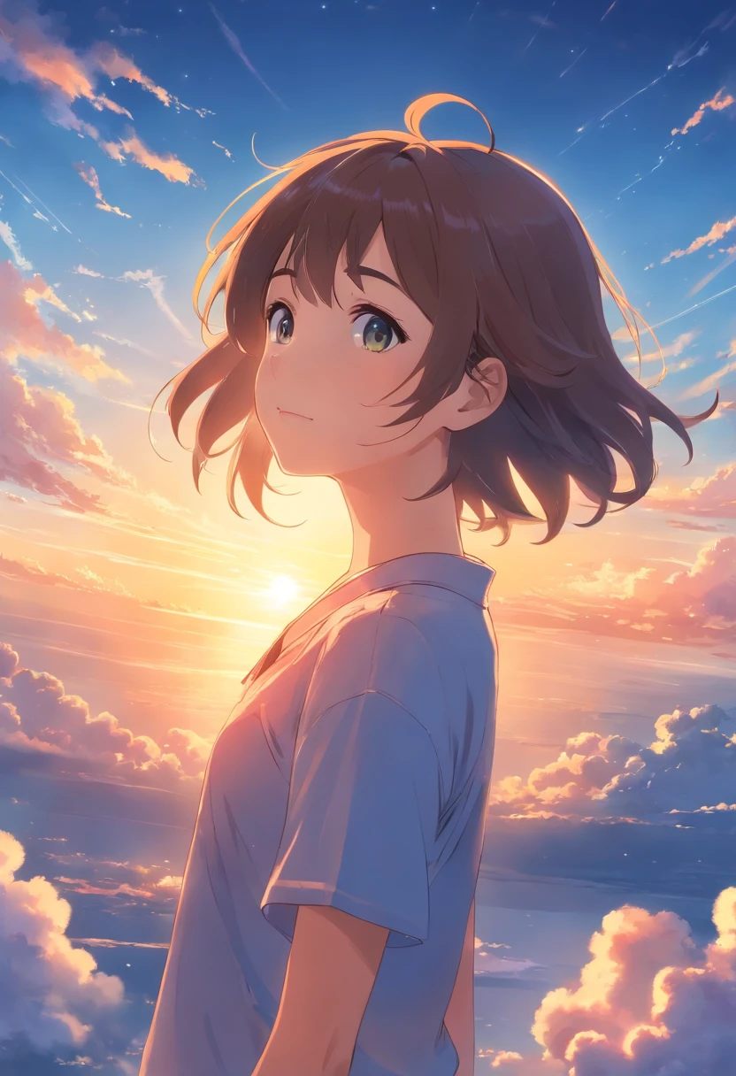 masterpiece, best quality, movie still, 1girl, cloud girl, floating in the sky, close-up, bright, happy, warm soft lighting, sunset, (sparks:0.7)