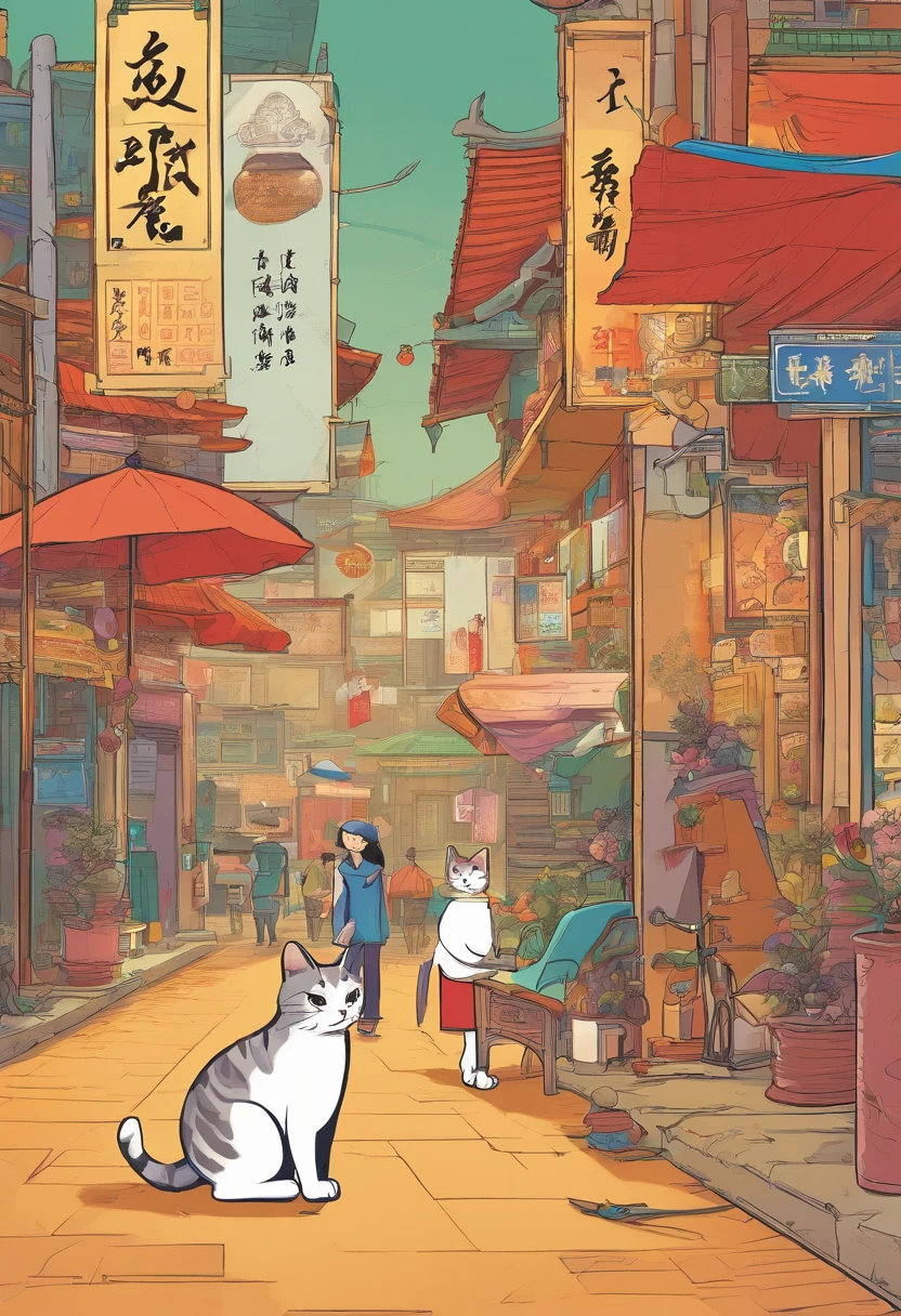 Chinese Cartoons, The comic story is presented in multiple irregular colored panels. Chinese shorthair cats have experienced hardships running away from home，Then reunite with the host. The style is exaggerated and meticulous