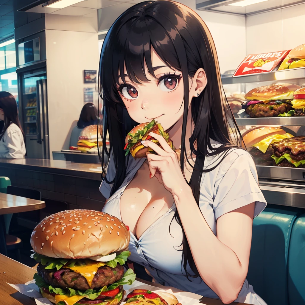 1 beauty，17-year-old high school girl, tiny chest ,Watery Big Eyes，Sit facing the camera, (Her mouth is puffed up full of hamburgers), long eyelasher，falda corta，Blushlush，Black Perm Hair, in fast food shop, (with big smiles on their faces,She put a hamburger in her mouth.,),Hamburger steak sandwiched between cleavage, Food residues spilled on the chest