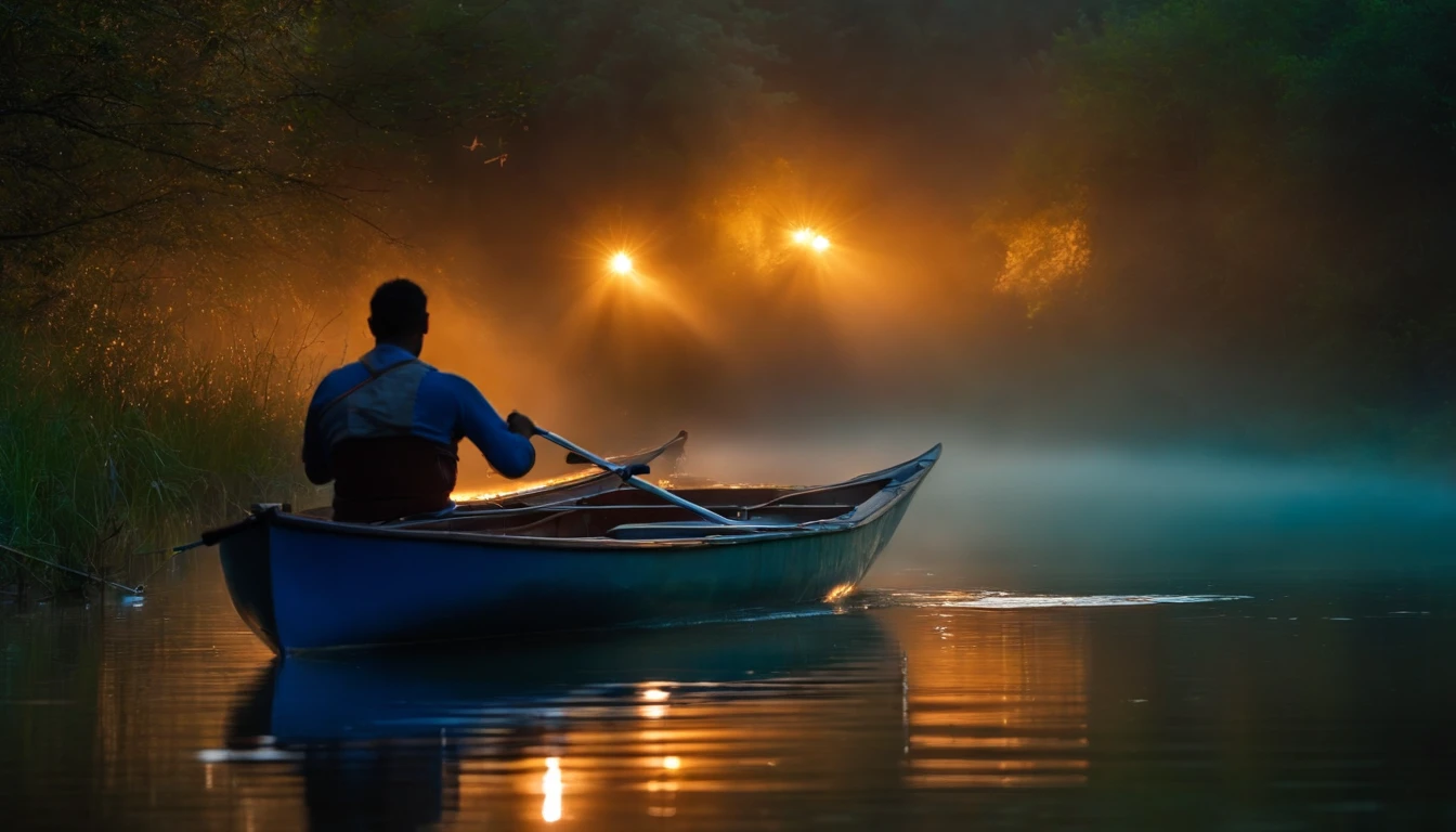Water ghosts in the river.,Young man rowing,Fish in the river