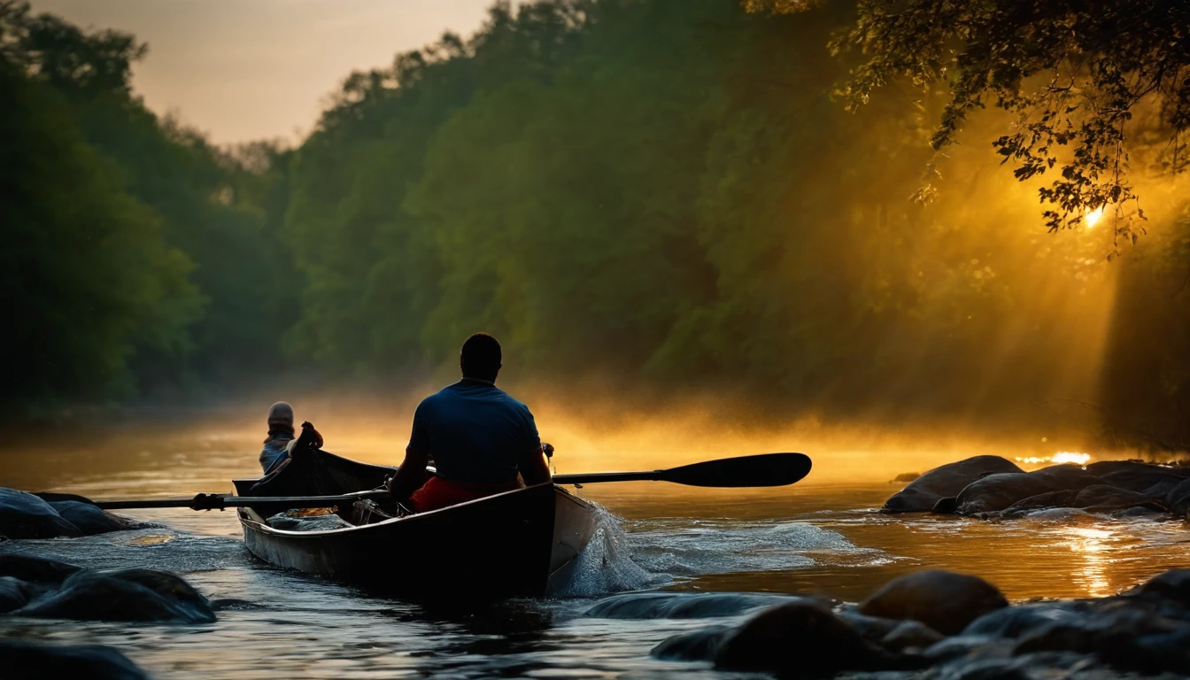 Water ghosts in the river.,Young man rowing,Fish in the river