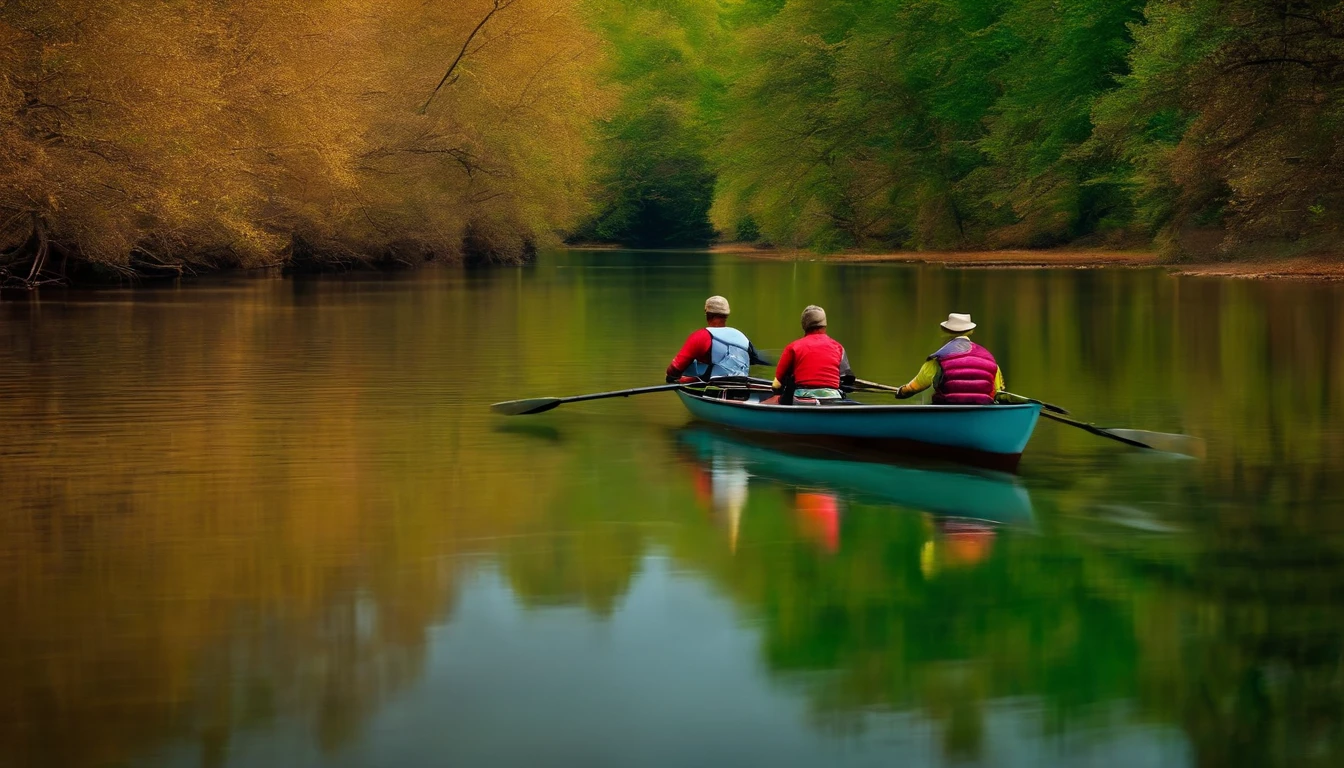 Water ghosts in the river.,Young man rowing,Fish in the river