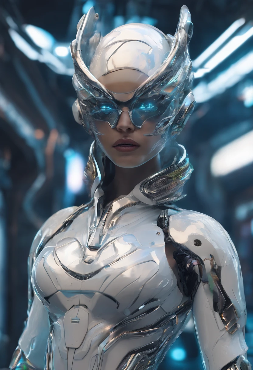 (female Protogen),cyberpunk,mechanical,glowing eyes,metallic surface,digital display,advanced technology,futuristic,neon lights,electromagnetic field,sharp edges,streamlined design,digital organism,biomechanical,mysterious atmosphere,glass visor,enhanced senses,energetic pose,invisible circuits,holographic projections,colorful wires,female cyborg