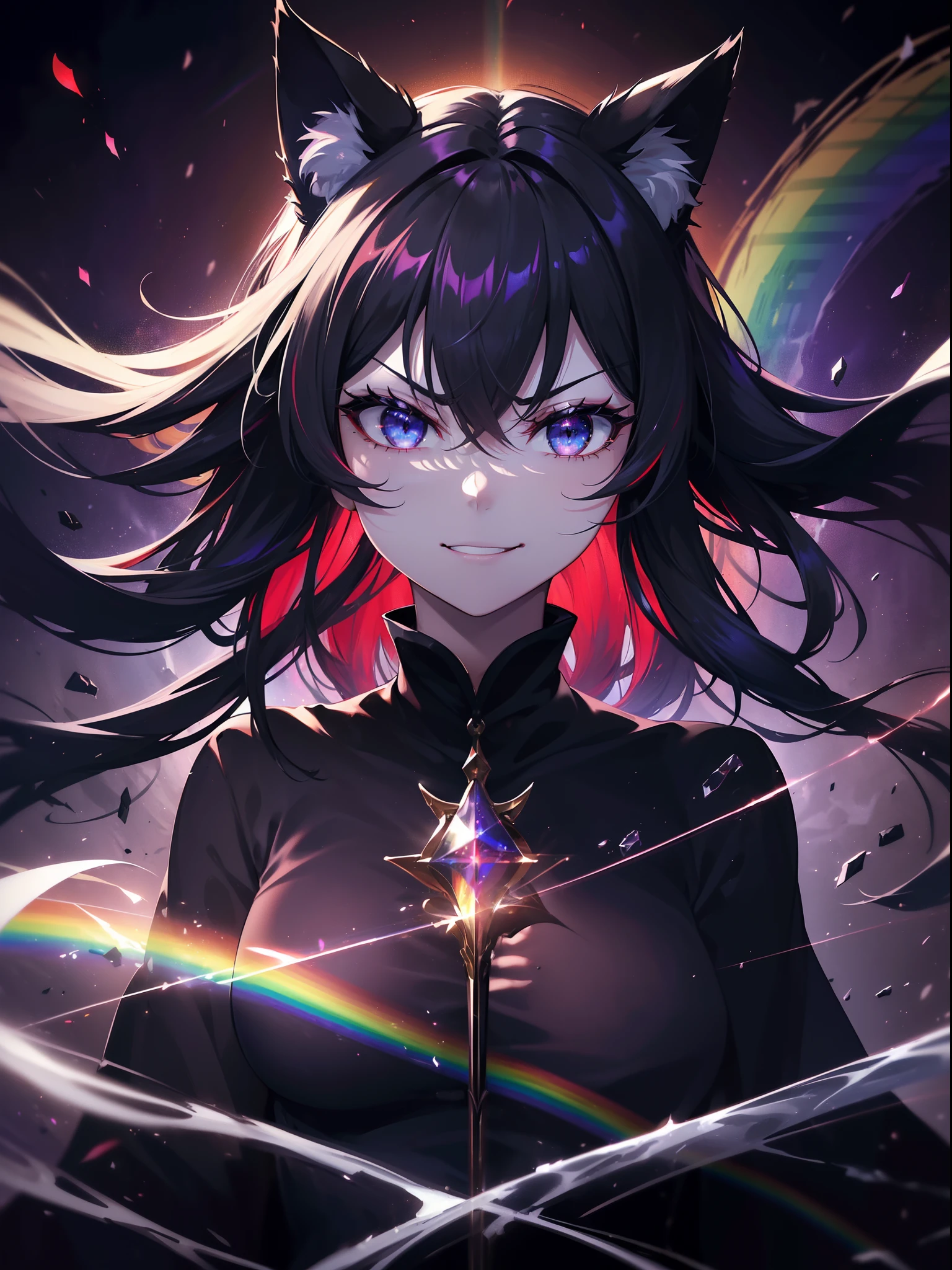 (Face Focus:1.3) (Rainbow Background:1.3),(angry,Bullish smile:1.3) (close up of face:0.7), a woman with black robe, A vortex of light enveloped her, Canon 5D, 85 mm, depth of fields, 8K, ultra sharpness, nffsw, octane, Unreal, Dramatic light, Global Illumination,Motion Picture Film,rainbow,lensflare,Highly detailed,(Dark Wave Art:1.3),(Fantasia:1.3),(Agfacolor:1.3),(close portrait:1.3),(Feminine:1.4),(Beautiful:1.4),(Attractive:1.3),Move an angle,perfectly detailed eyes,Themed Background,hair messy,Cat's ears,black twin-tails,Sword of the Demon King,Flame Magic