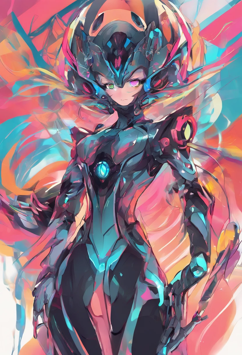 (female Protogen),cyberpunk,mechanical,glowing eyes,metallic surface,digital display,advanced technology,futuristic,neon lights,electromagnetic field,sharp edges,streamlined design,digital organism,biomechanical,mysterious atmosphere,glass visor,enhanced senses,energetic pose,invisible circuits,holographic projections,colorful wires,female cyborg