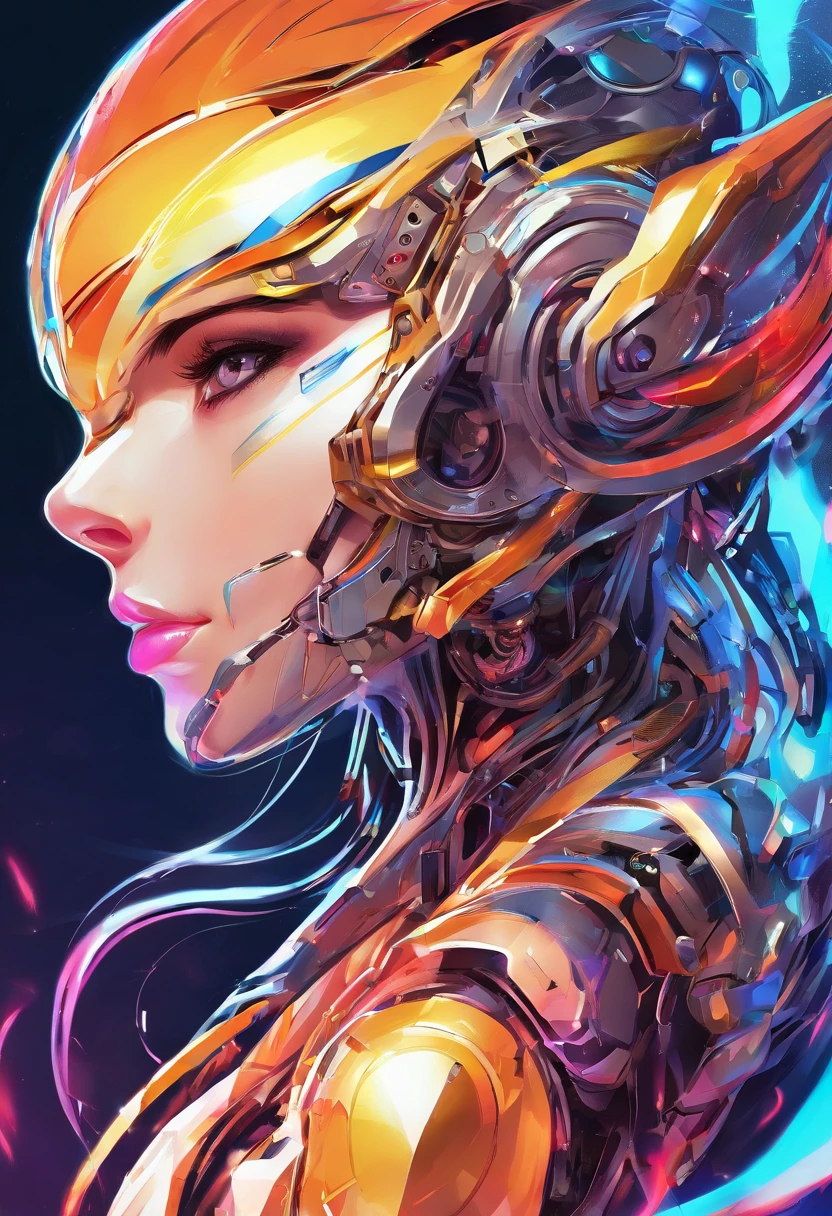 (female Protogen),cyberpunk,mechanical,glowing eyes,metallic surface,digital display,advanced technology,futuristic,neon lights,electromagnetic field,sharp edges,streamlined design,digital organism,biomechanical,mysterious atmosphere,glass visor,enhanced senses,energetic pose,invisible circuits,holographic projections,colorful wires,female cyborg