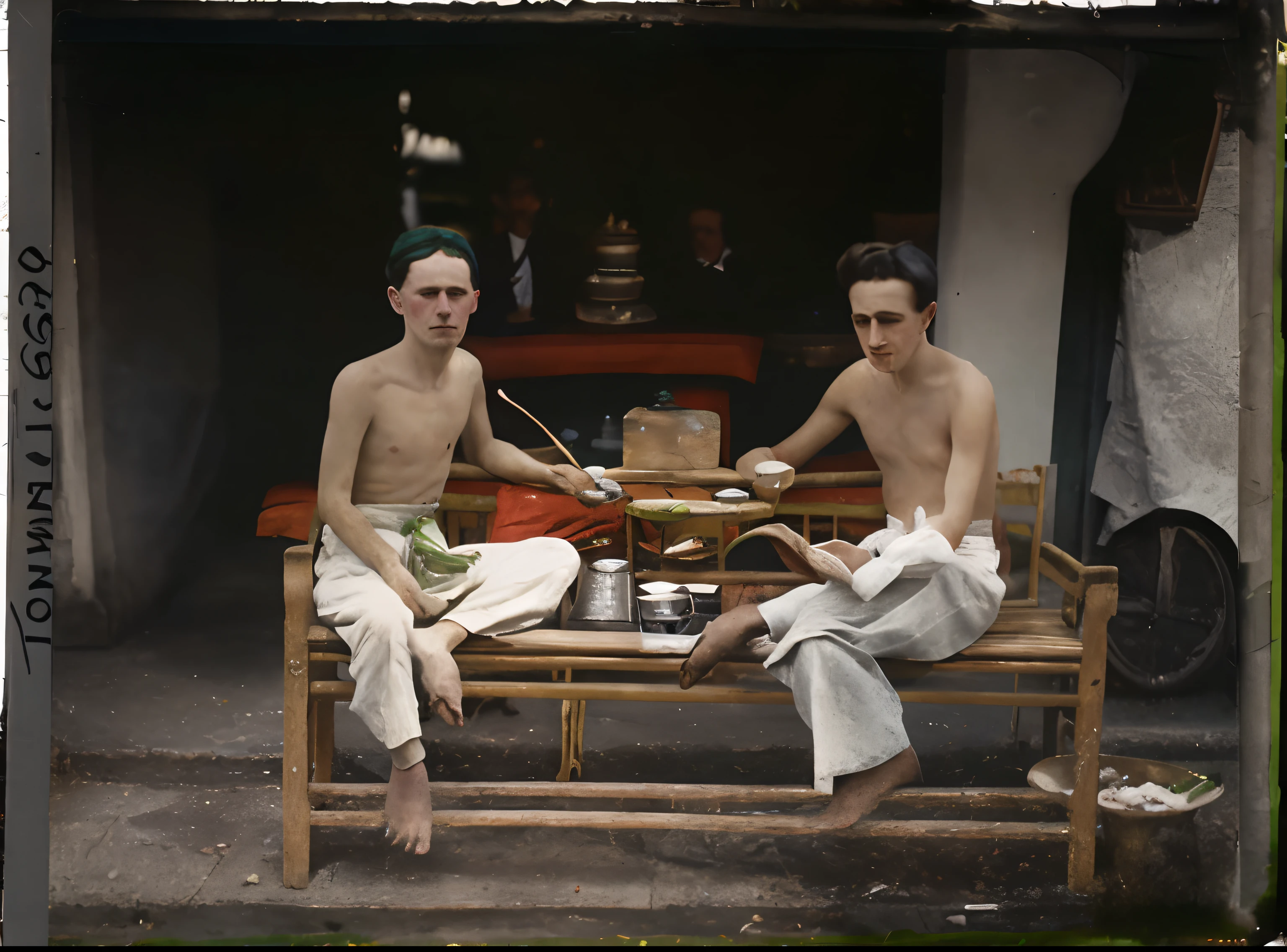there are two men sitting on a bench eating food, autochrome, old color photograph, 4 k photo autochrome, year 1 9 0 0, award winning autochrome photo, colorized, 1 8 0 0's, photo in color, colorized photograph, colourized, colorized 1 9 0 4 photo, colourised, colorized photo, autochrome photograph