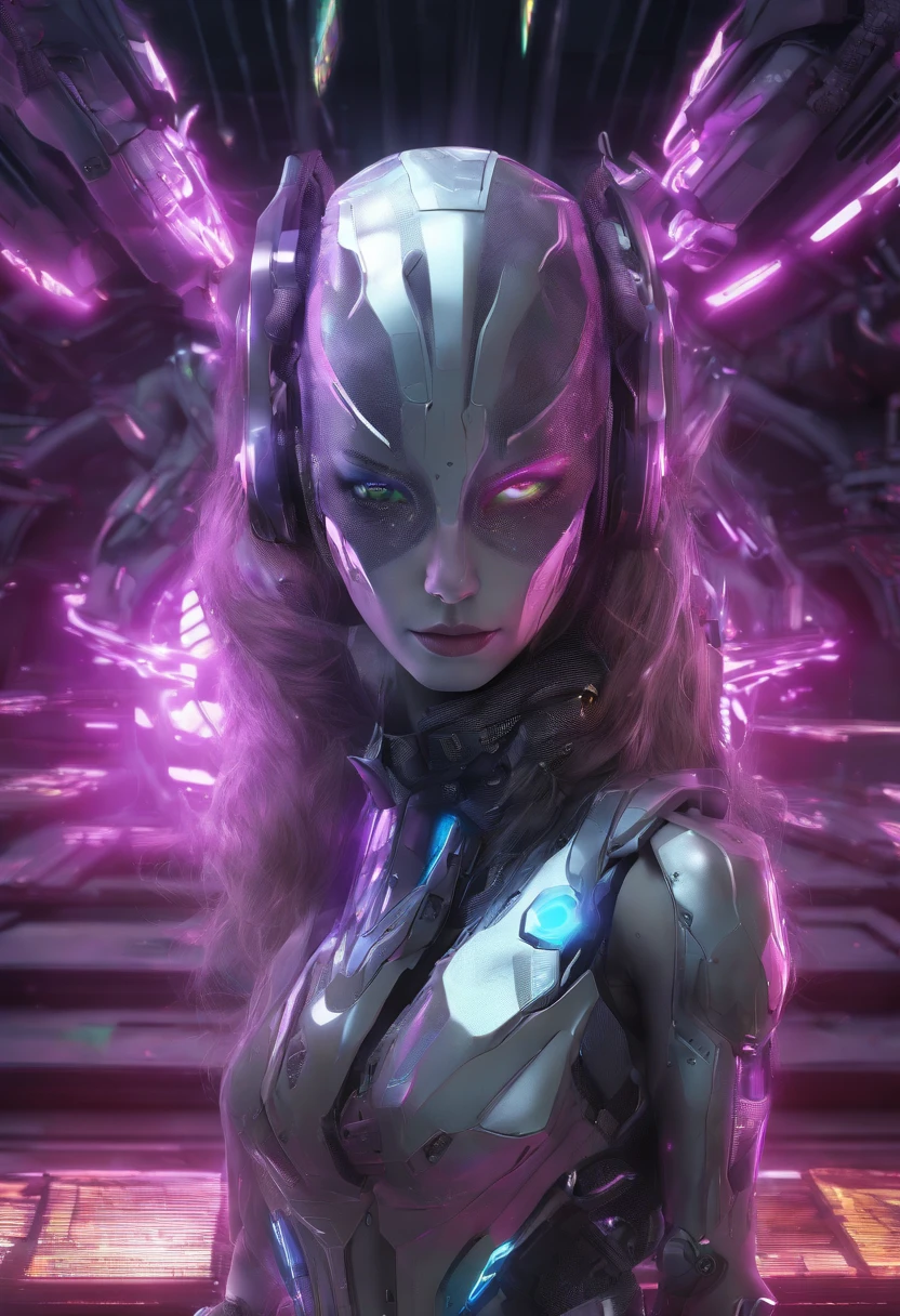 (female Protogen),cyberpunk,mechanical,glowing eyes,metallic surface,digital display,advanced technology,futuristic,neon lights,electromagnetic field,sharp edges,streamlined design,digital organism,biomechanical,mysterious atmosphere,glass visor,enhanced senses,energetic pose,invisible circuits,holographic projections,colorful wires,female cyborg