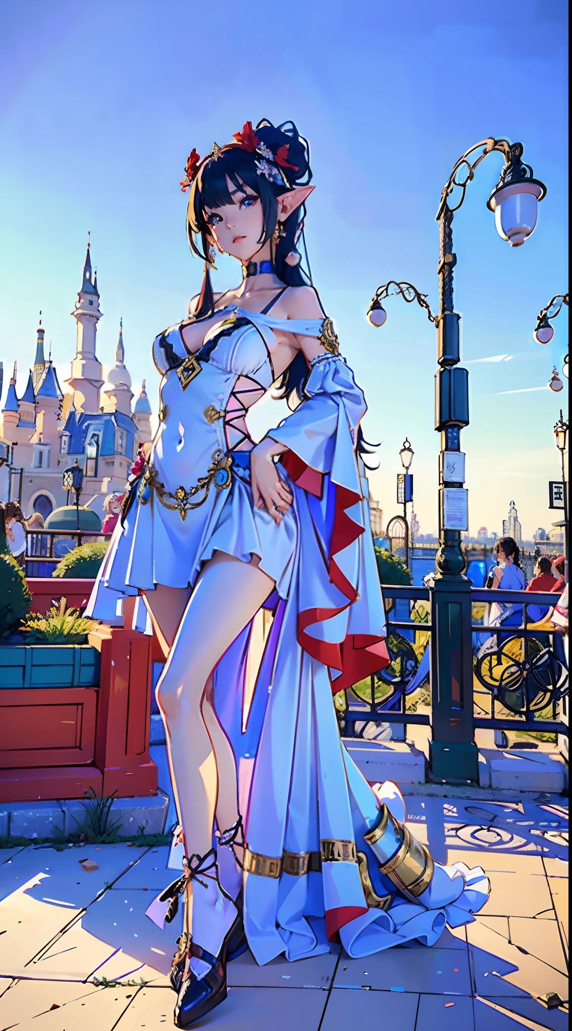 In the illustration of this super-grand scene,We enjoyed a fascinating sight,Various scenarios of the multiverse come together。In this intoxicating exterior,We see a mysterious Circe dancer,(The Circe dancer look incorporates Tiflin、the elf、fairy、Angels and many other magical fantasy races:9.99),ella(The whole body appears in the long-range shot:9.99)Half-dressed,She is graceful,Dance on the water。Her dancing magic keeps her costumes changing,Blend in with the beauty of the surroundings,Adds an unpredictable charm to the whole scene。The dancing of the Circe dancers is intoxicating,Her rainbow cape fluttered behind her like a flying carpet。This cape consists of different styles、colours、Made from small parts of materials and styles,The trailing tail is long and beautiful。Her dancing trajectory is accompanied by the glare effects of neon lights and magical stars,Blend in with your surroundings,Creates a stimulating atmosphere for the senses。Circe dancers have an extra-tall figure and curved curves that explode,Her body features are full of seductive sexiness。Her physical appearance includes::(K-cup size with wide silhouette is oversized and teardrop-shaped chest:9.99)、(Narrowed sternum and waist and abdomen:6.66)、Charming face、(Huge Kaziran colored eyes:99.99)、Makeup、Slender neck、Beauty collarbone、Slender arms、(Graceful hands that are ergonomic and physiologically normal:9.99)、Slender waist and abdomen、Round buttocks and slender long legs,Showcases attractive curves and lines。Use Midjourney's advanced brush tools、Color palettes and texture packs,We are the faces of Circe dancers、skin、Costumes and rainbow capes give intricate textures,While increasing realism(Again add the super-large chest contour and inflate the chest:9.99)And make Jushuo teardrop chest soft elastic oil,She also made her costume and cape blend different materials,Show a variety of styles,From evening dresses to princess dresses to tulle,(Full of creativity and fashion:6.66),It also makes the whole sce
