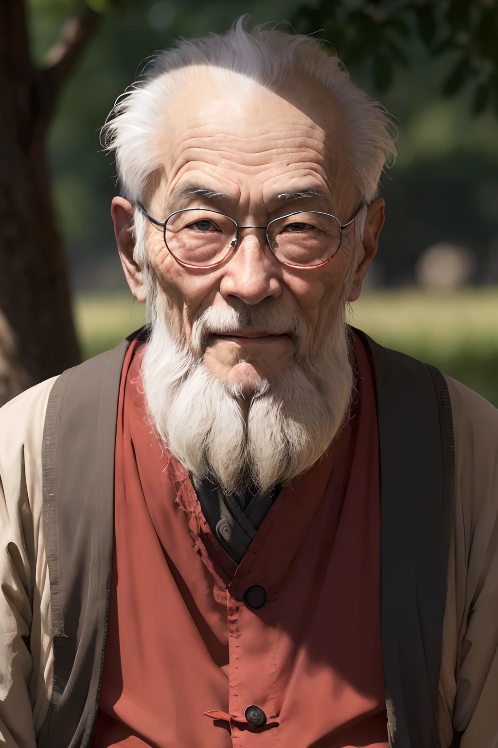 An elderly Chinese sage, com uma longa barba, Cabelos Longos, vestido com roupas de monge, looking directly at camera lens, olhar penetrante encarando, rosto altamente detalhado, fotografia, lente telefoto 100mm, com foco no enquadramento da figura central, --AR 16:9 --V 5.