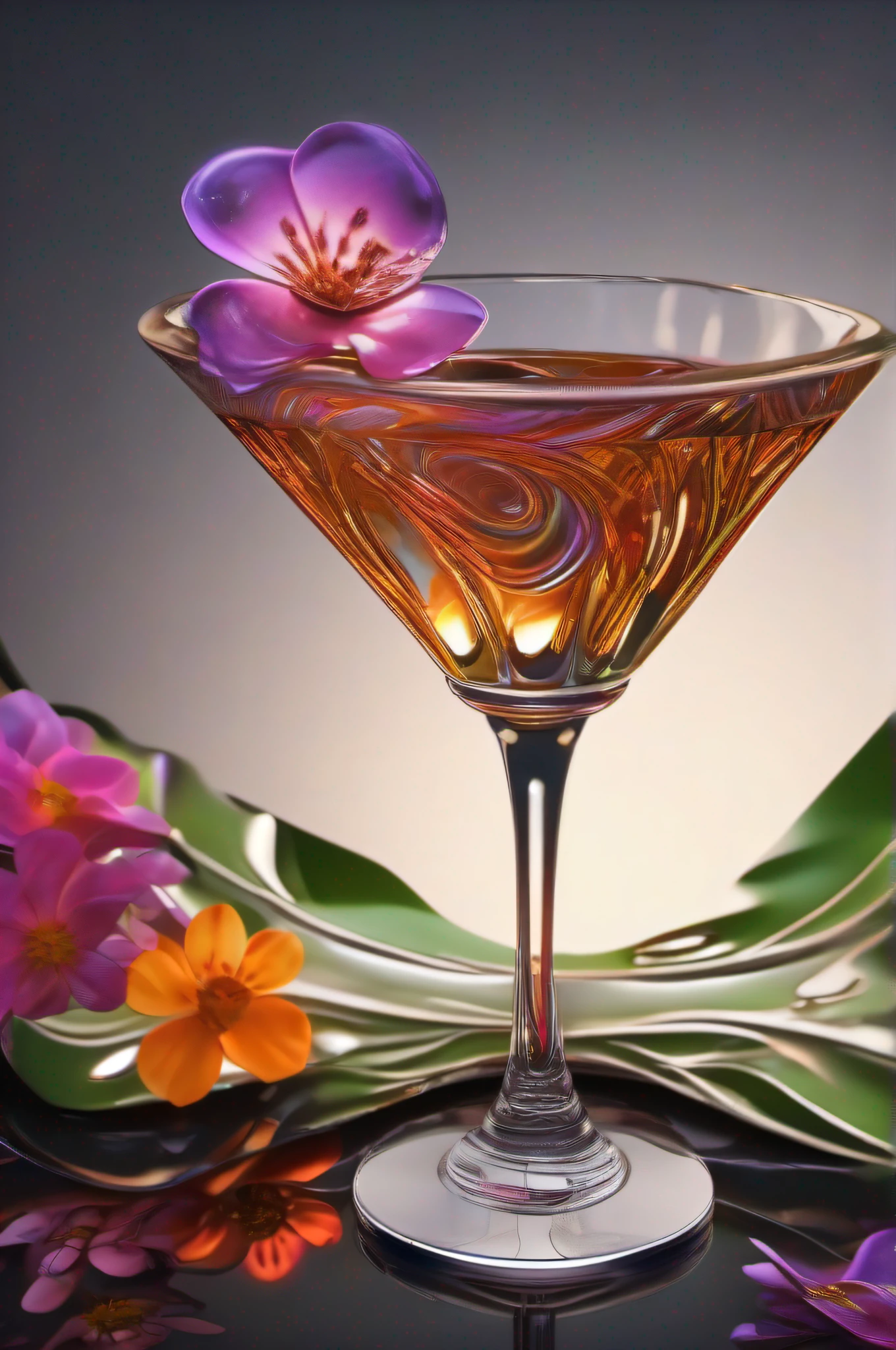 Crystal martini glass filled with alcohol, flowers in the background, Georgia O'Keeffe style, abstract glowing flowing wavy lines on dark colorful background, ultra hd, realistic, vivid colors, highly detailed, UHD drawing, pen and ink, perfect composition, beautiful detailed intricate insanely detailed octane render trending on artstation, 8k artistic photography, photorealistic concept art, soft natural volumetric cinematic perfect light, ultra hd, realistic, vivid colors, highly detailed, UHD drawing, pen and ink, perfect composition, beautiful detailed intricate insanely detailed octane render trending on artstation, 8k artistic photography, photorealistic concept art, soft natural volumetric cinematic perfect light