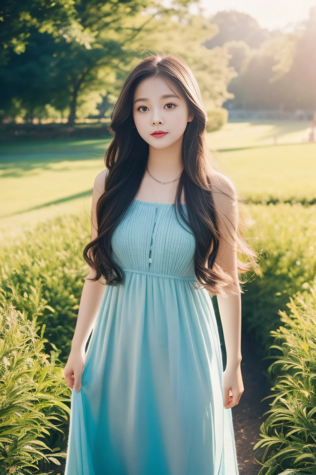 Girls、Long dress with fluffy,A dark-haired、The upper part of the body、cute little、An ultra-high picture quality、top-quality、masterpiece、Sunlight is shining in、shores