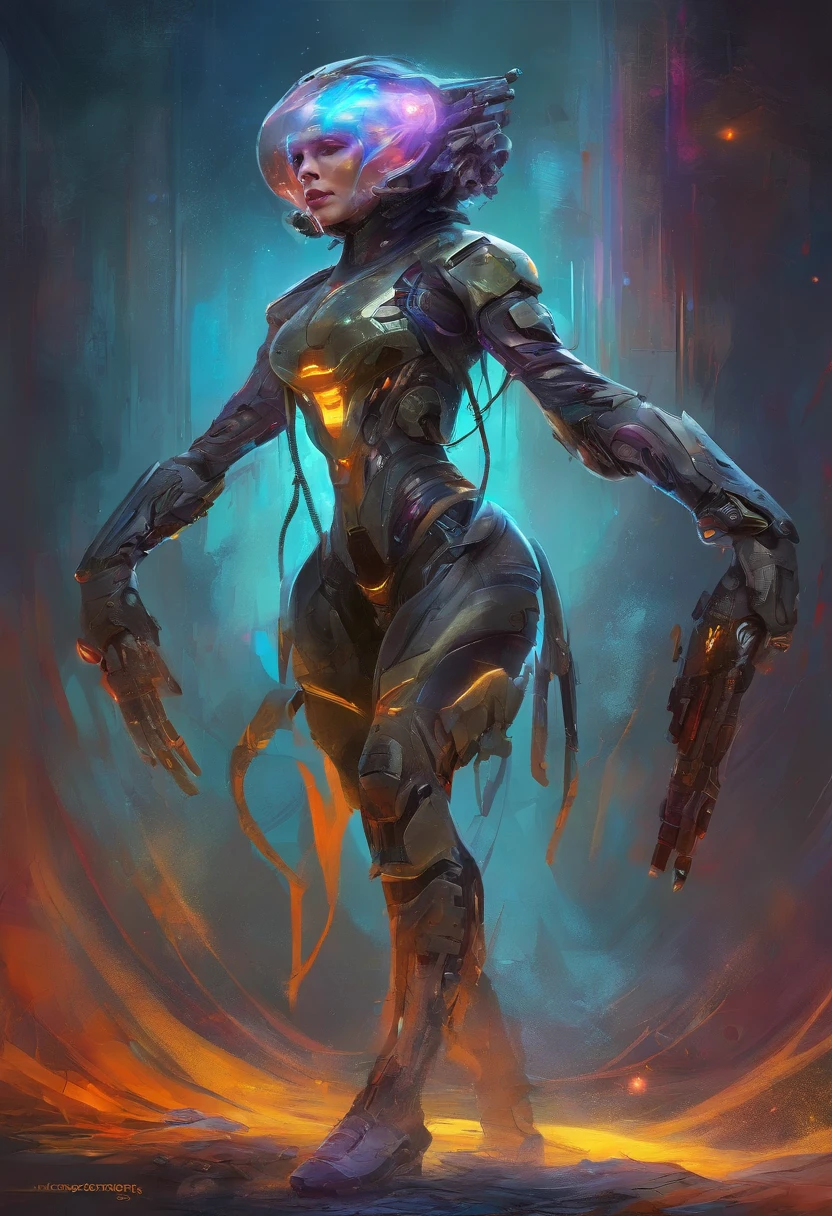 (female Protogen),cyberpunk,mechanical,glowing eyes,metallic surface,digital display,advanced technology,futuristic,neon lights,electromagnetic field,sharp edges,streamlined design,digital organism,biomechanical,mysterious atmosphere,glass visor,enhanced senses,energetic pose,invisible circuits,holographic projections,colorful wires,female cyborg