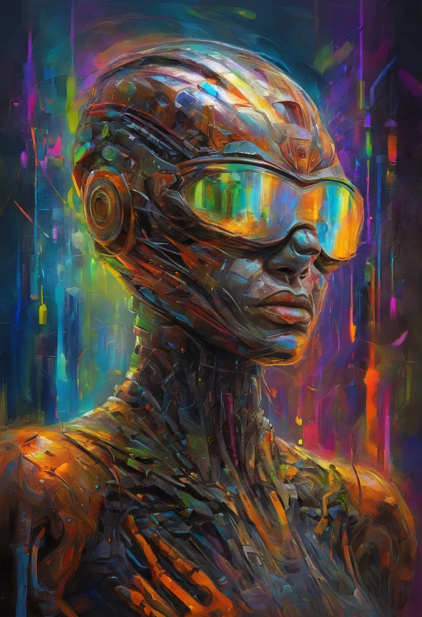 (female Protogen),cyberpunk,mechanical,glowing eyes,metallic surface,digital display,advanced technology,futuristic,neon lights,electromagnetic field,sharp edges,streamlined design,digital organism,biomechanical,mysterious atmosphere,glass visor,enhanced senses,energetic pose,invisible circuits,holographic projections,colorful wires,female cyborg