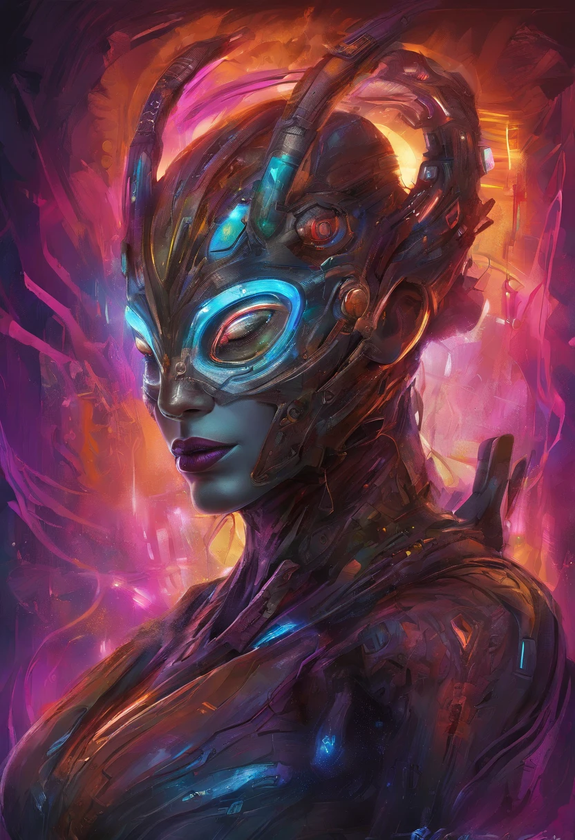 (female Protogen),cyberpunk,mechanical,glowing eyes,metallic surface,digital display,advanced technology,futuristic,neon lights,electromagnetic field,sharp edges,streamlined design,digital organism,biomechanical,mysterious atmosphere,glass visor,enhanced senses,energetic pose,invisible circuits,holographic projections,colorful wires,female cyborg