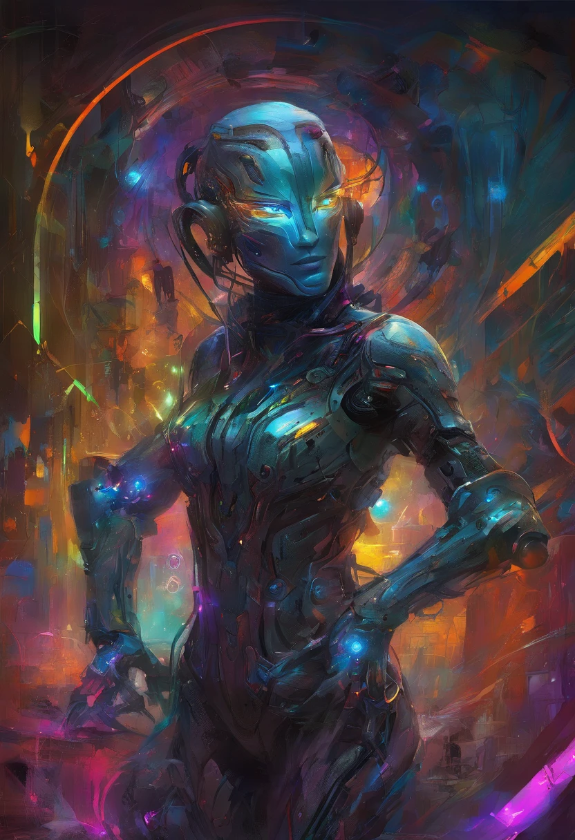 (female Protogen),cyberpunk,mechanical,glowing eyes,metallic surface,digital display,advanced technology,futuristic,neon lights,electromagnetic field,sharp edges,streamlined design,digital organism,biomechanical,mysterious atmosphere,glass visor,enhanced senses,energetic pose,invisible circuits,holographic projections,colorful wires,female cyborg